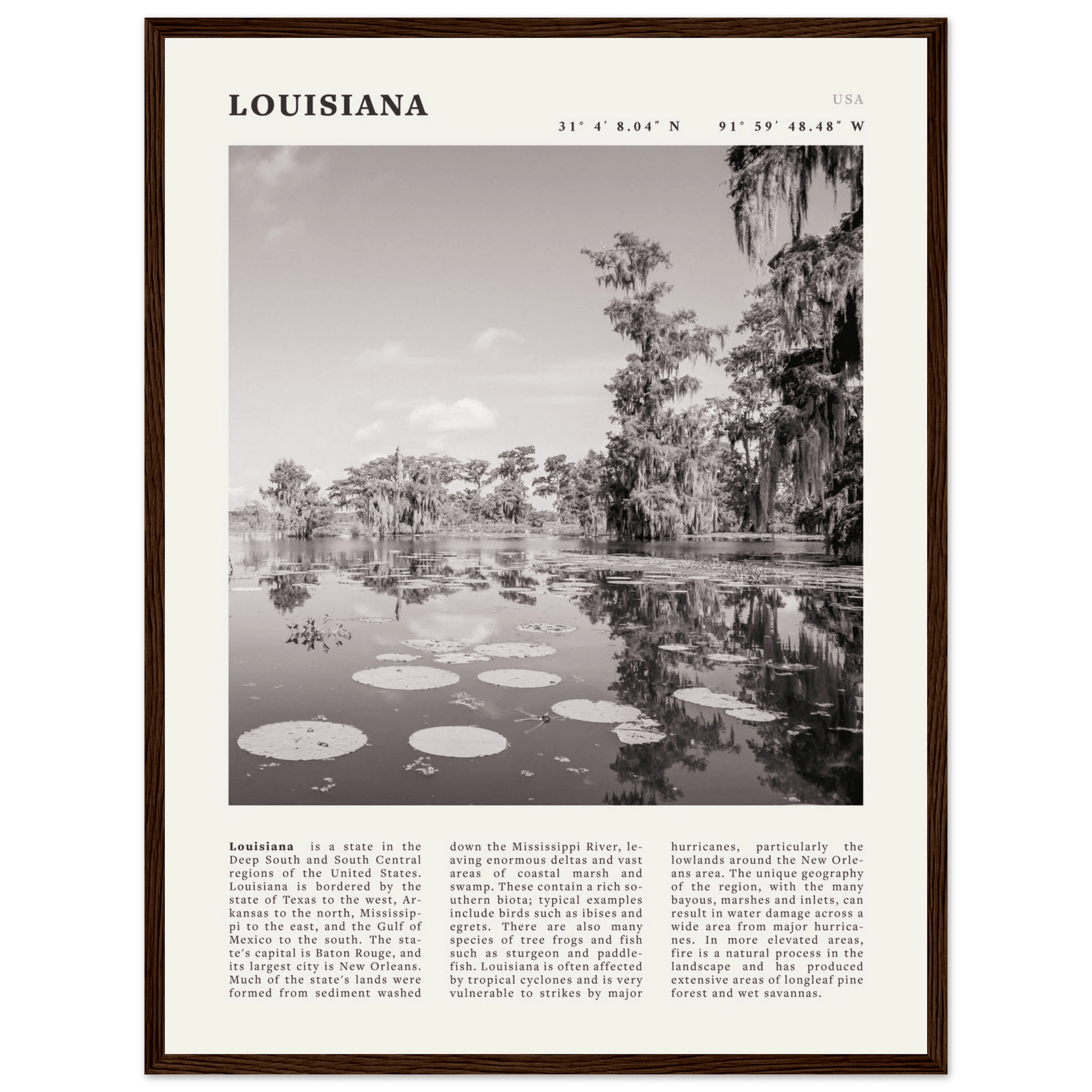 Louisiana Poster | Black & White Bayou Wall Art | Southern USA Travel Print Decor - Evergreen Posters