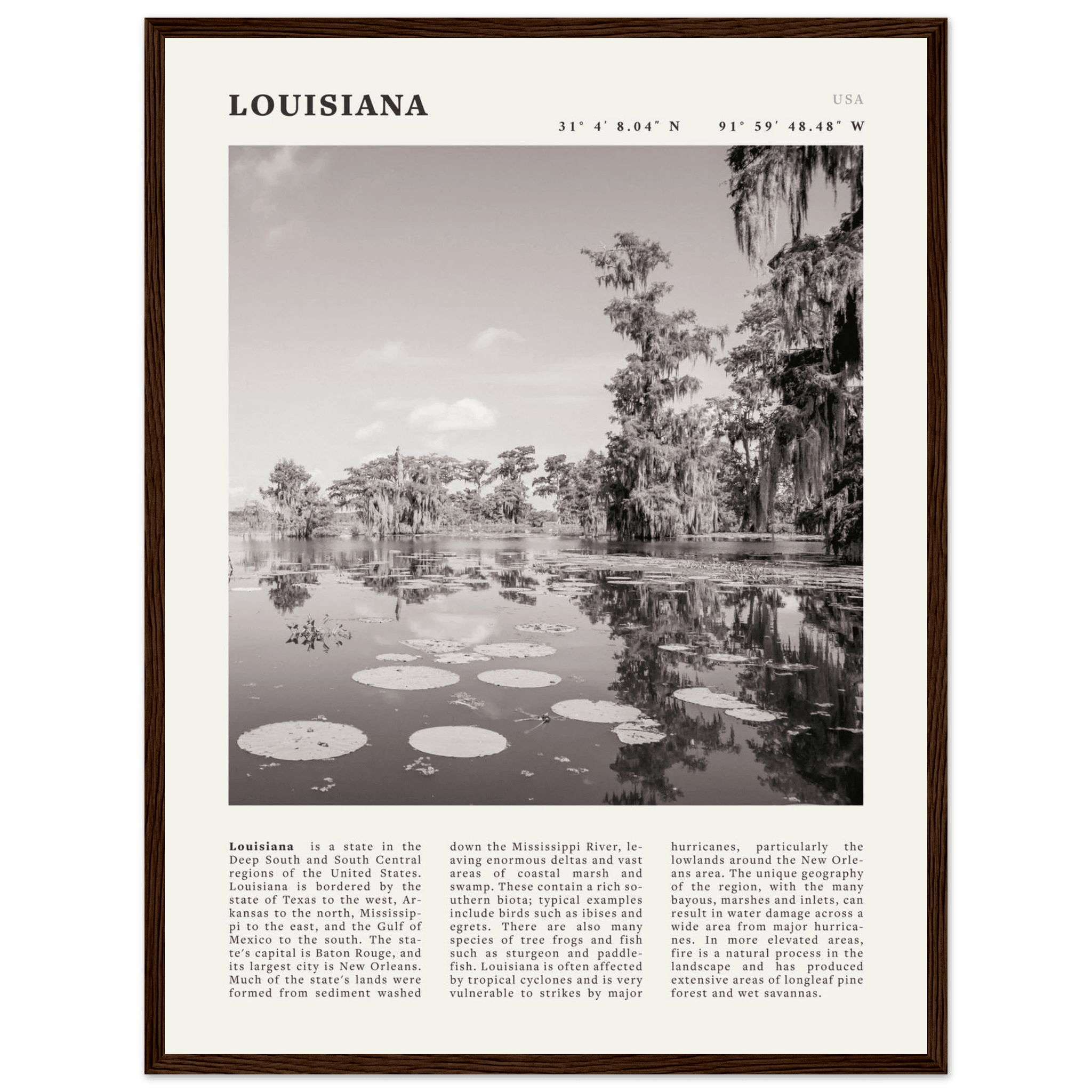 Louisiana Poster | Black & White Bayou Wall Art | Southern USA Travel Print Decor - Evergreen Posters