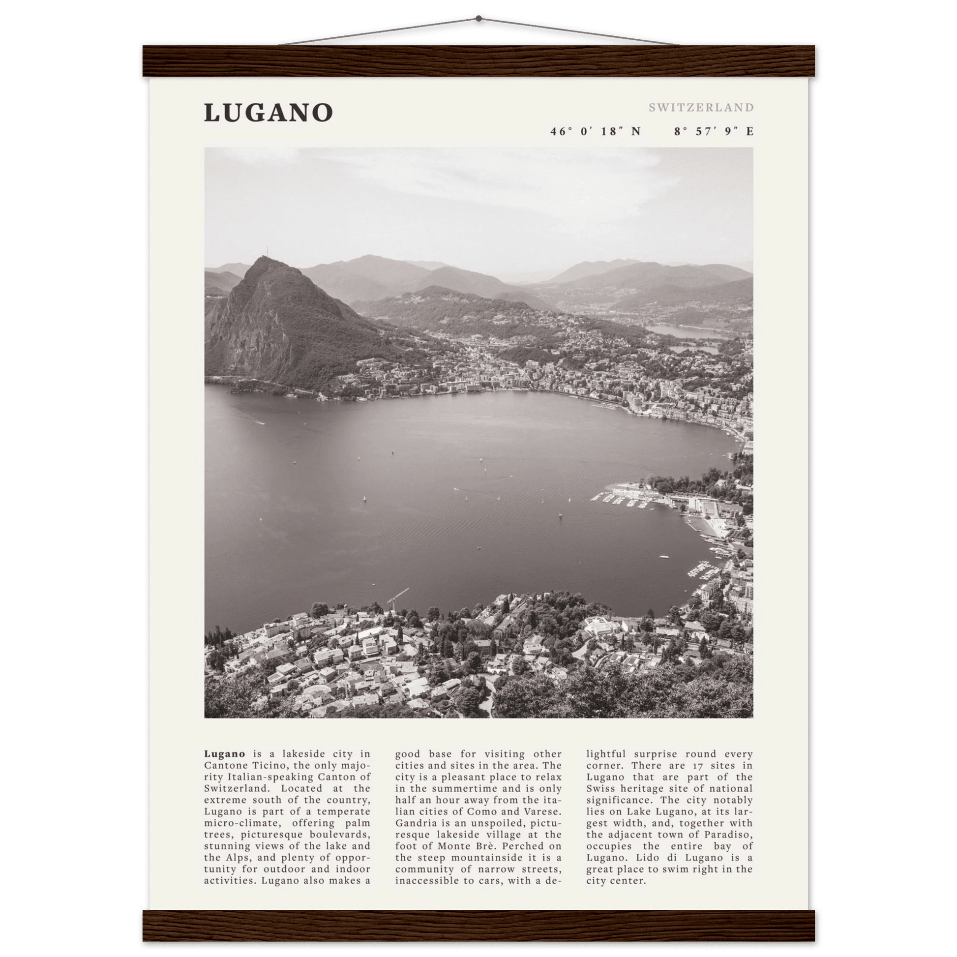 Lugano Poster | Black & White Swiss Lake Wall Art | Switzerland Travel Print - Evergreen Posters