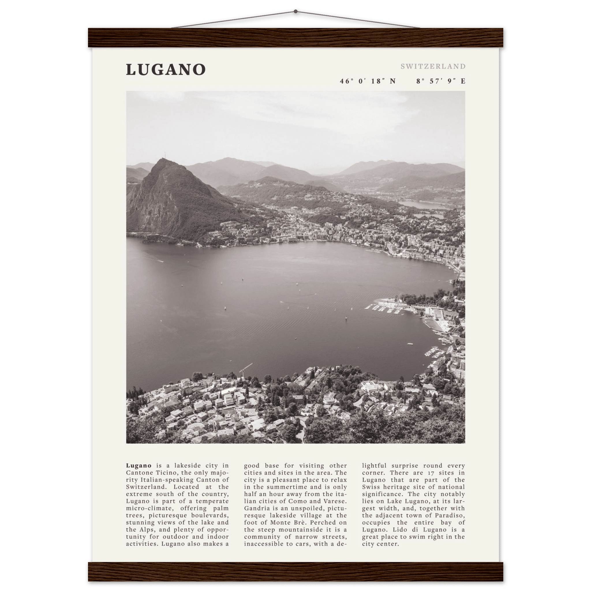 Lugano Poster | Black & White Swiss Lake Wall Art | Switzerland Travel Print - Evergreen Posters