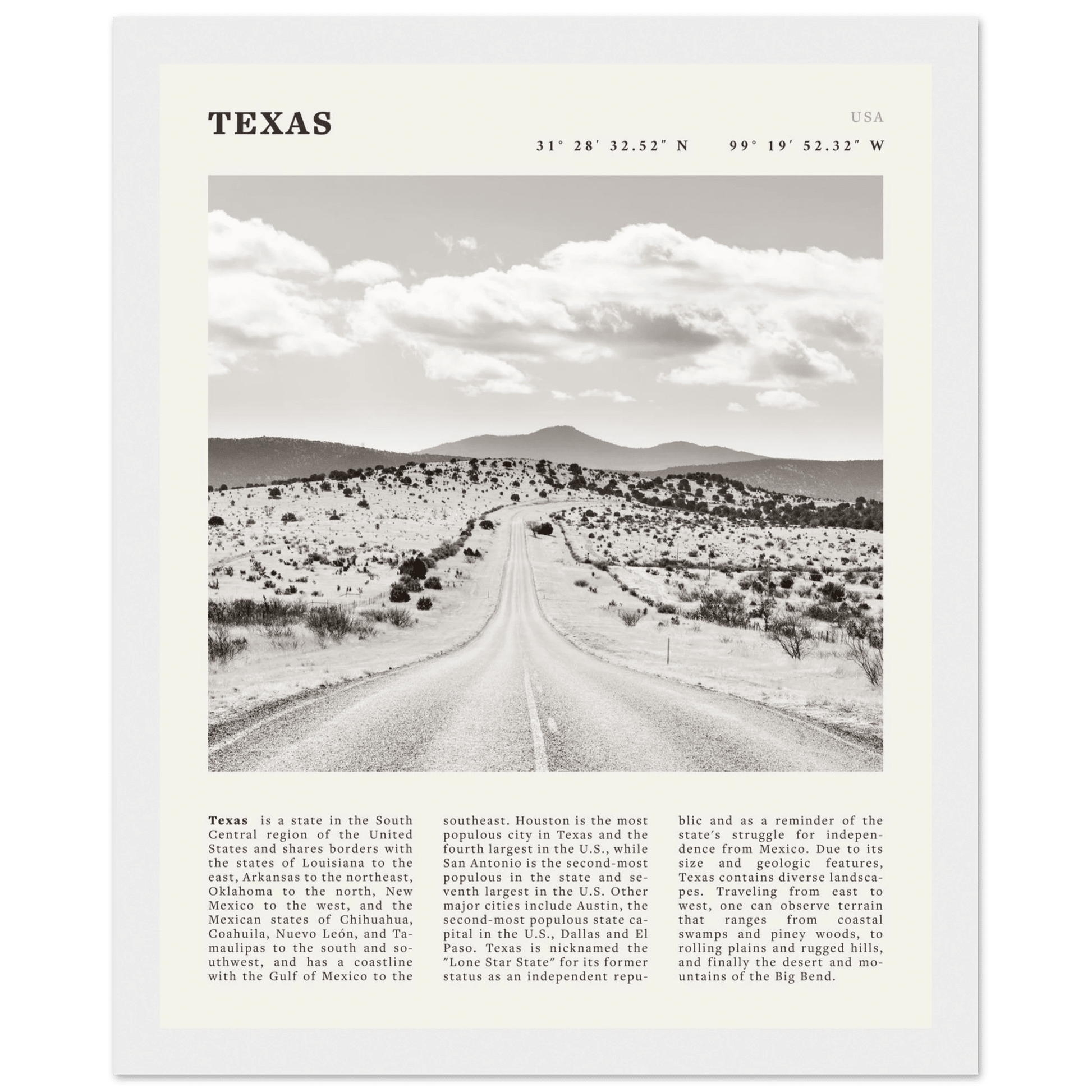 Texas Poster | Black & White Lone Star Road Wall Art | USA Travel Print Decor - Evergreen Posters
