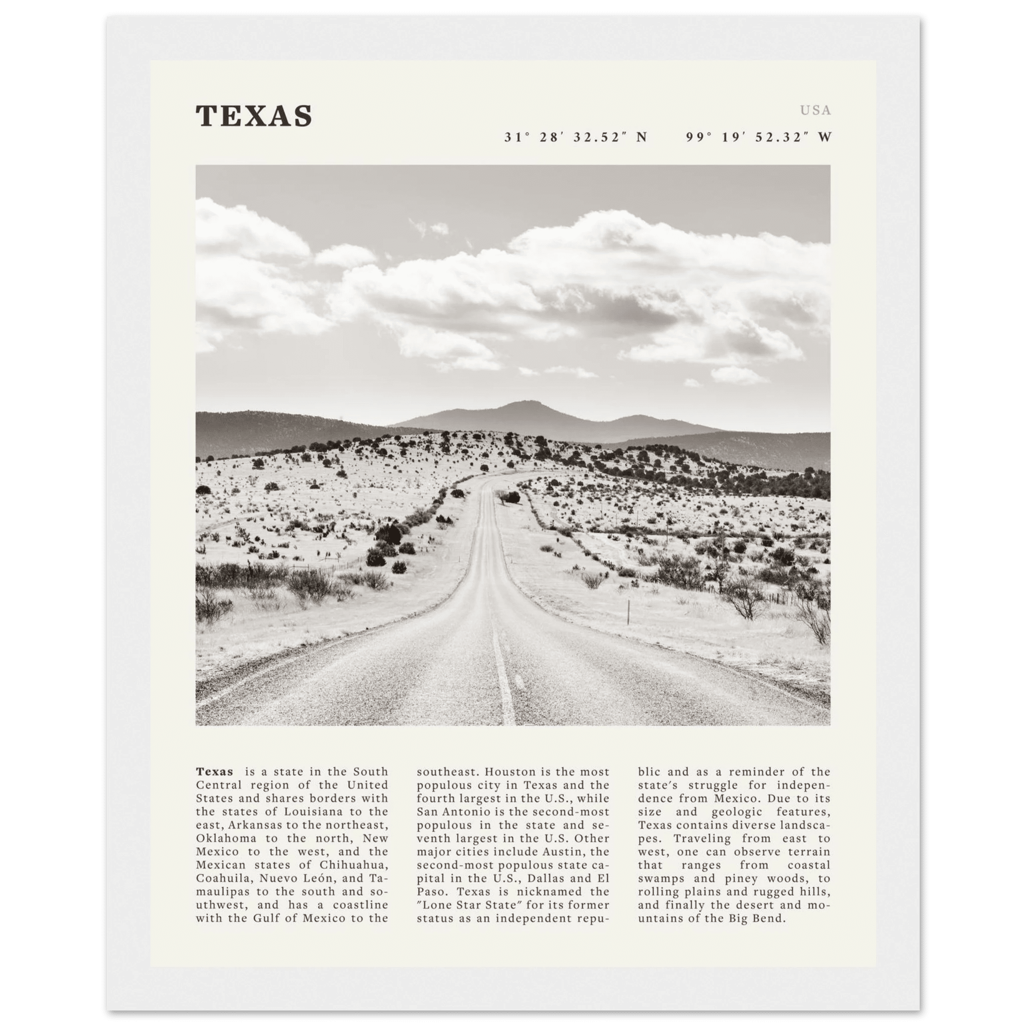 Texas Poster | Black & White Lone Star Road Wall Art | USA Travel Print Decor - Evergreen Posters