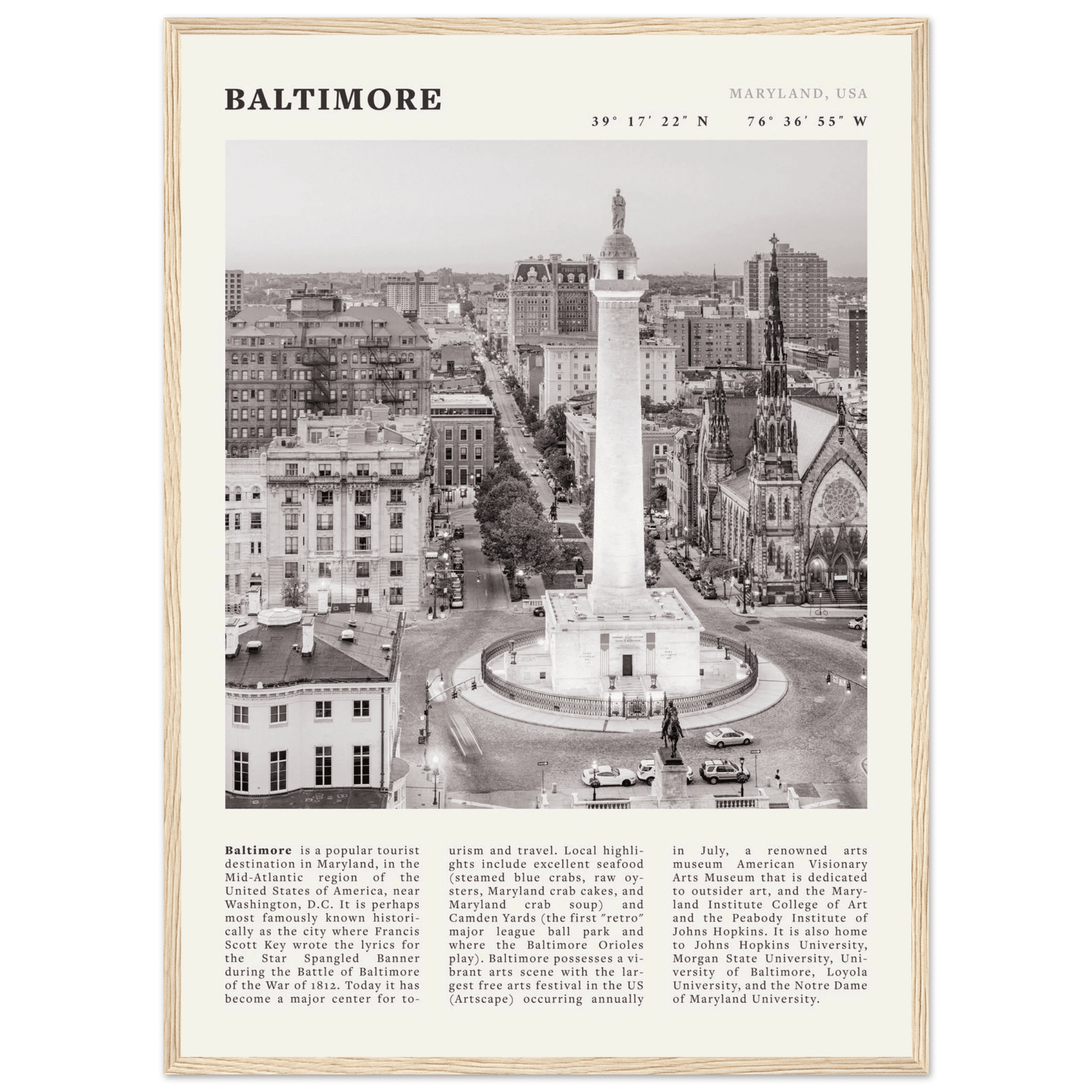 Baltimore Poster | Black & White Maryland City Wall Art | USA Travel Print - Evergreen Posters