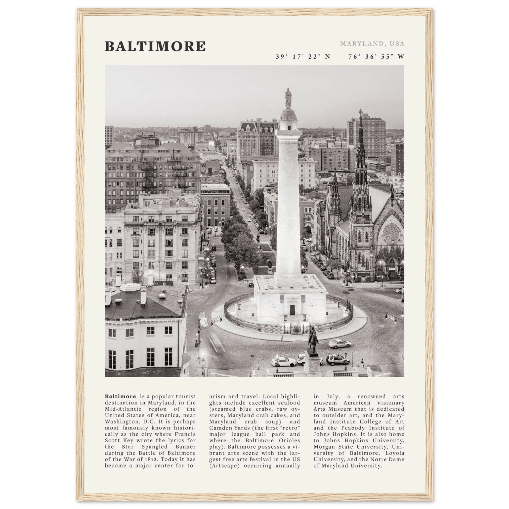 Baltimore Poster | Black & White Maryland City Wall Art | USA Travel Print - Evergreen Posters