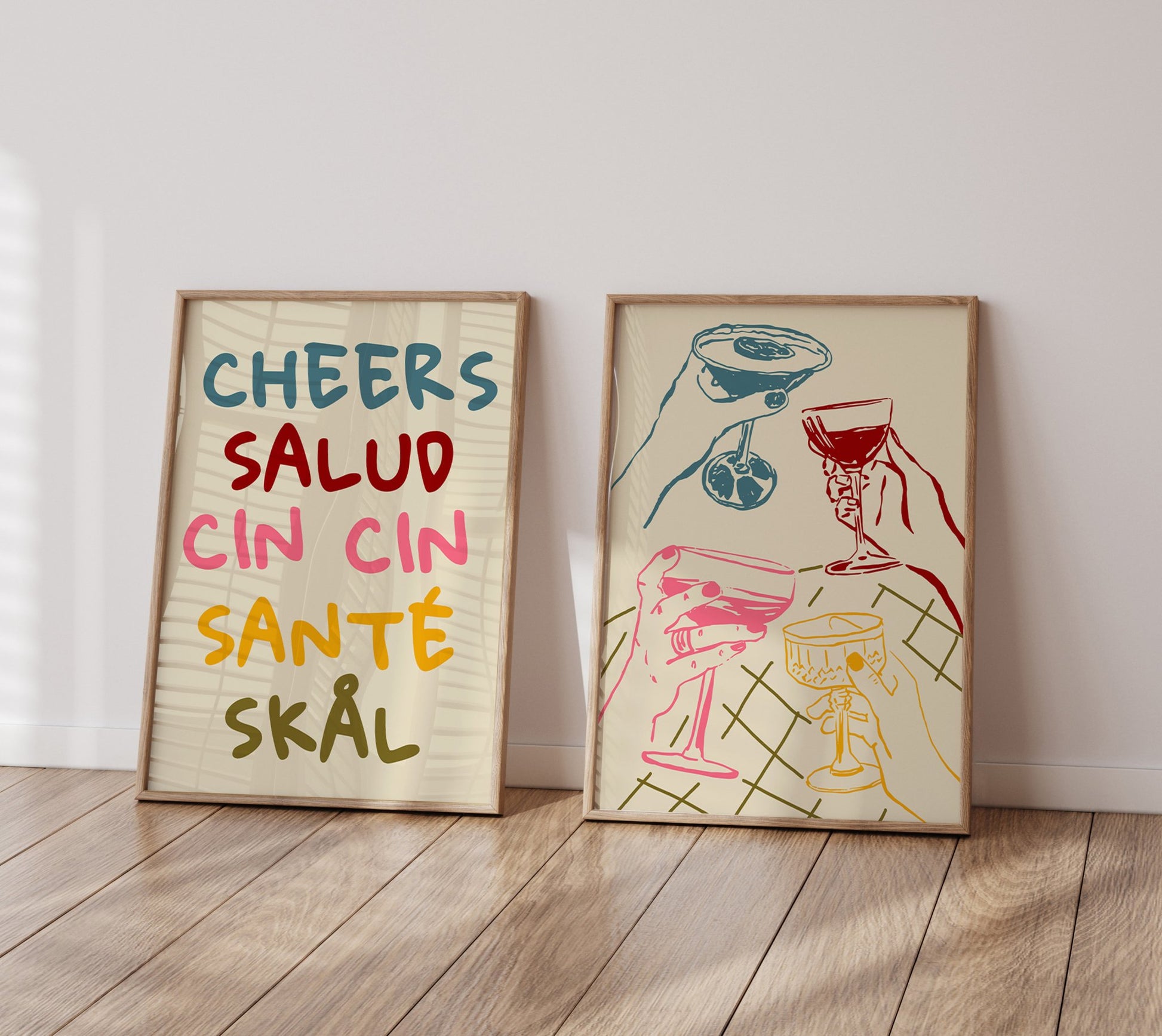 Cheers Salud Cin Cin Santé Skål | Set of 2 Colorful Bar Wall Art Prints | Kitchen Poster Set - Evergreen Posters