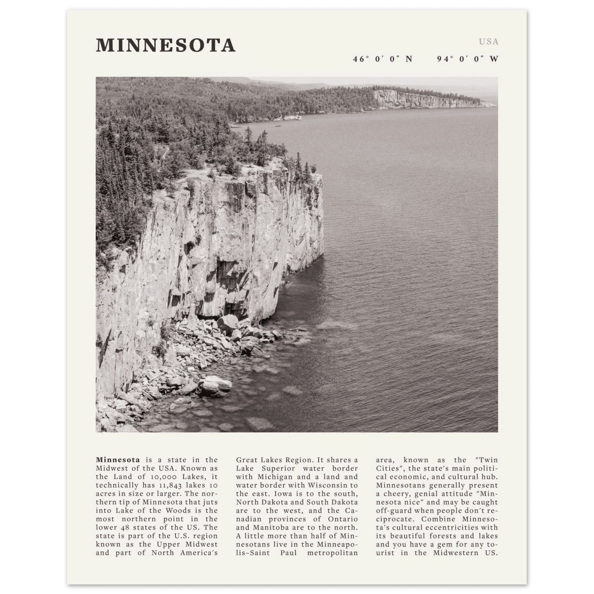 Minnesota Poster | Black & White Lake Superior Wall Art | USA Nature Travel Print - Evergreen Posters