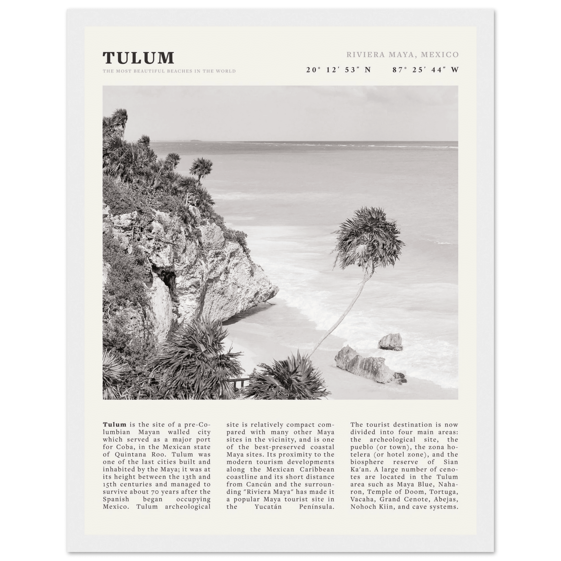 Tulum Poster | Black & White Riviera Maya Mexico Wall Art | Beach Travel Print - Evergreen Posters