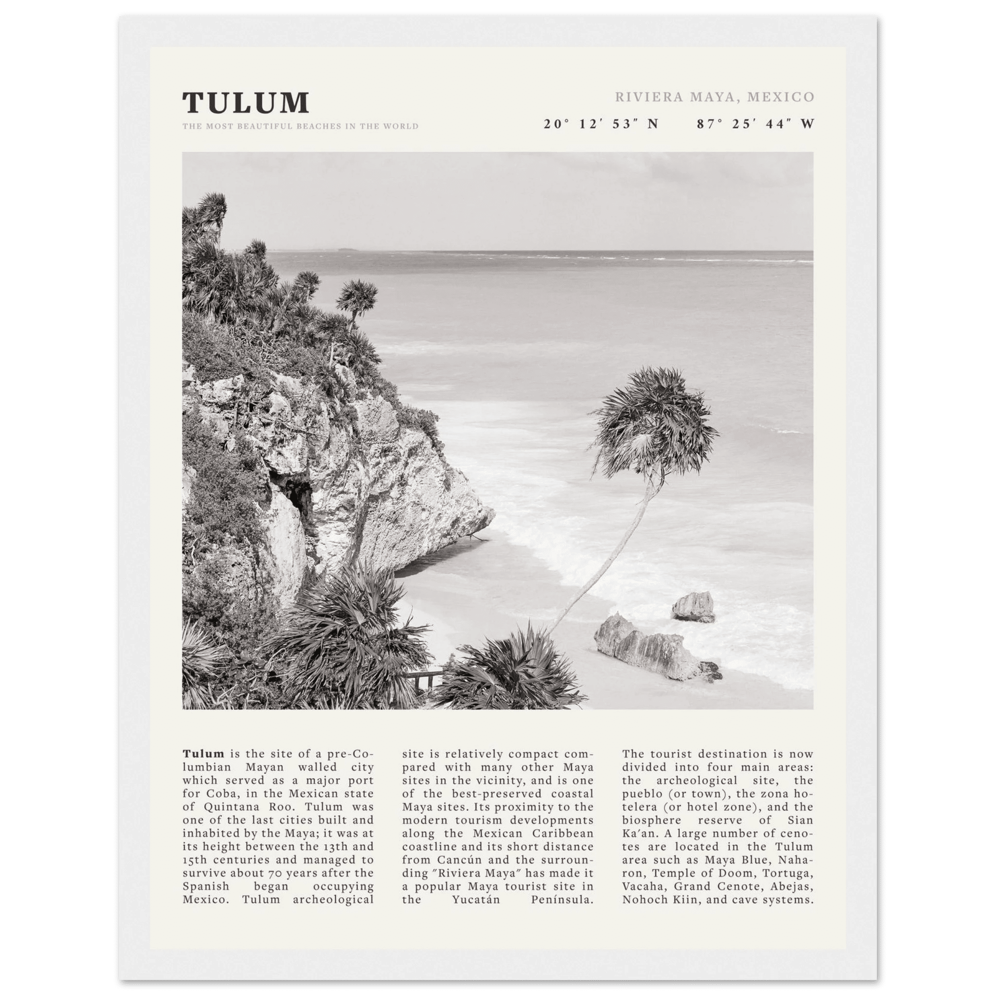 Tulum Poster | Black & White Riviera Maya Mexico Wall Art | Beach Travel Print - Evergreen Posters