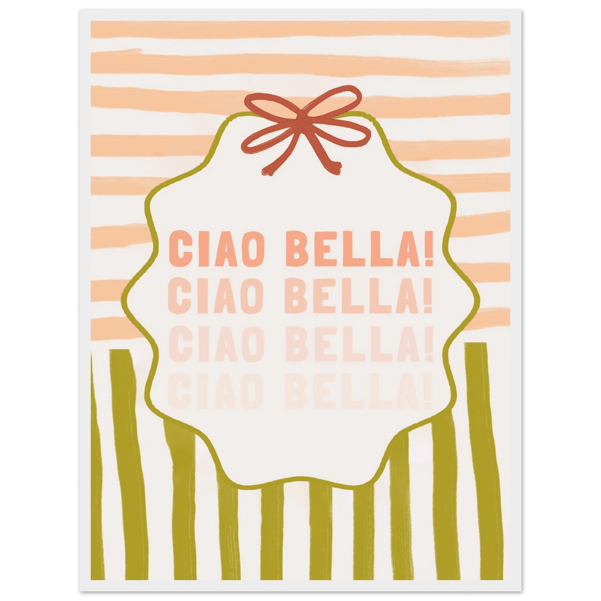 Ciao Bella Poster | Italian Typography Wall Art | Retro Stripe Bow Print | Cute Room Decor - Evergreen Posters