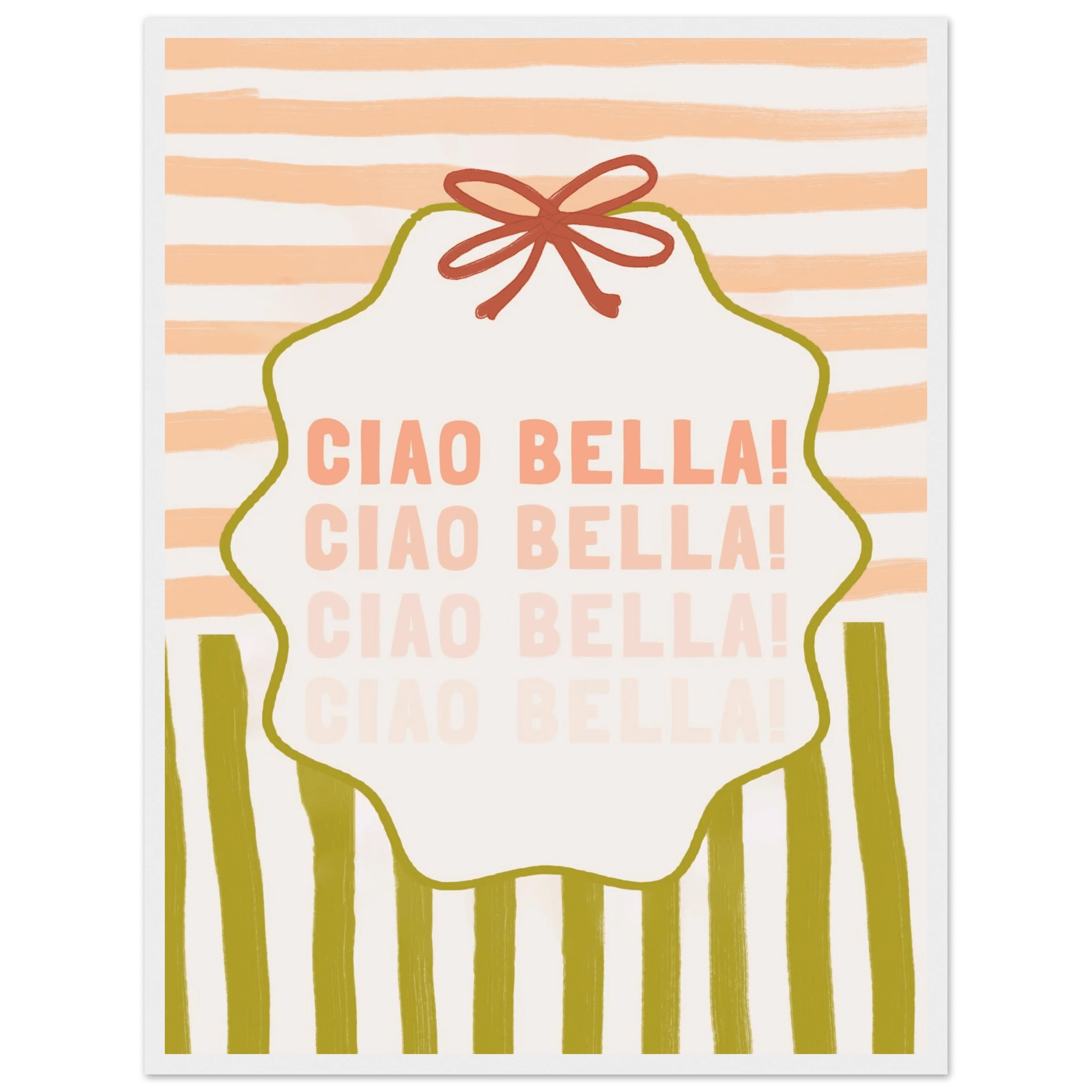 Ciao Bella Poster | Italian Typography Wall Art | Retro Stripe Bow Print | Cute Room Decor - Evergreen Posters