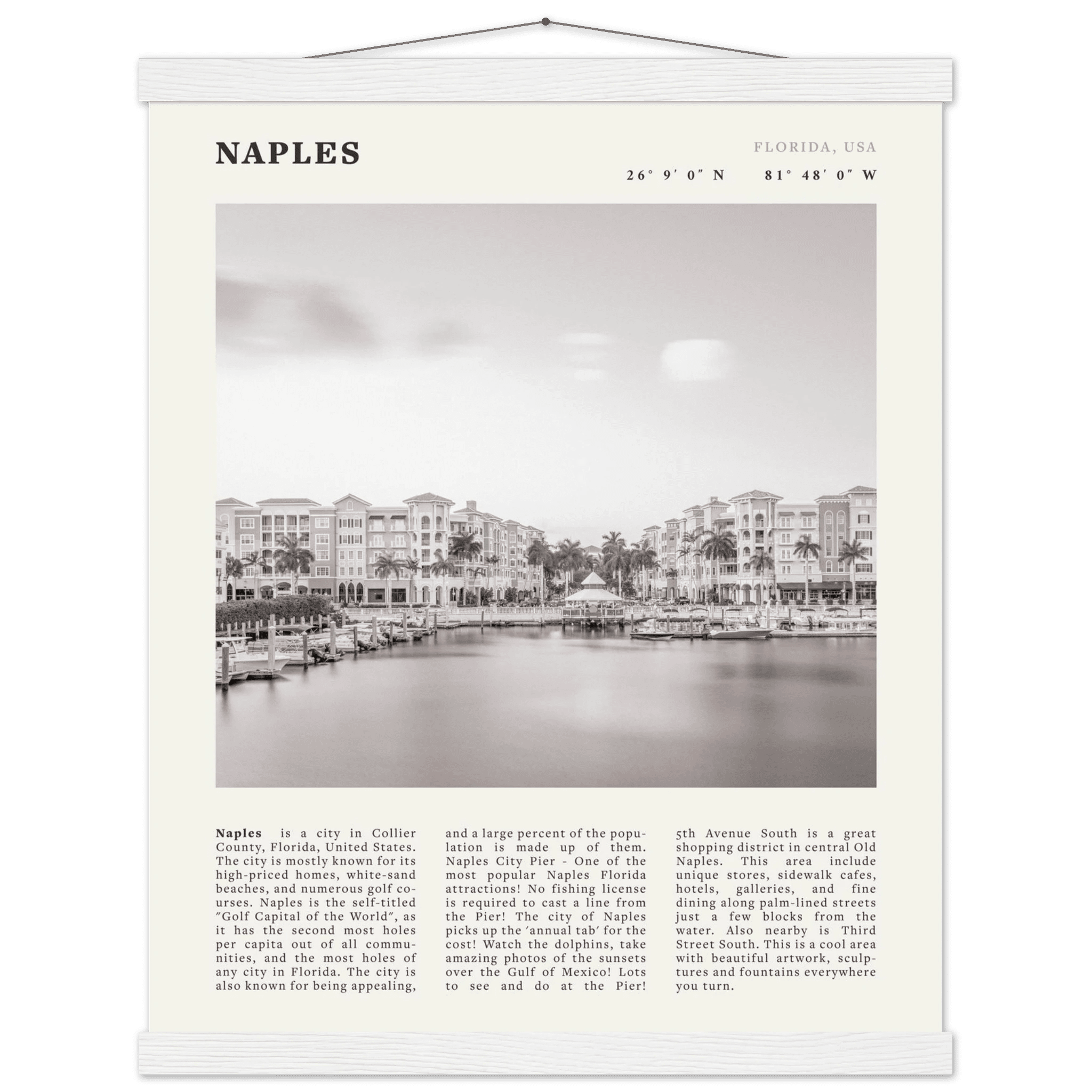 Naples Florida Poster | Black & White Gulf Coast Wall Art | FL Travel Print - Evergreen Posters