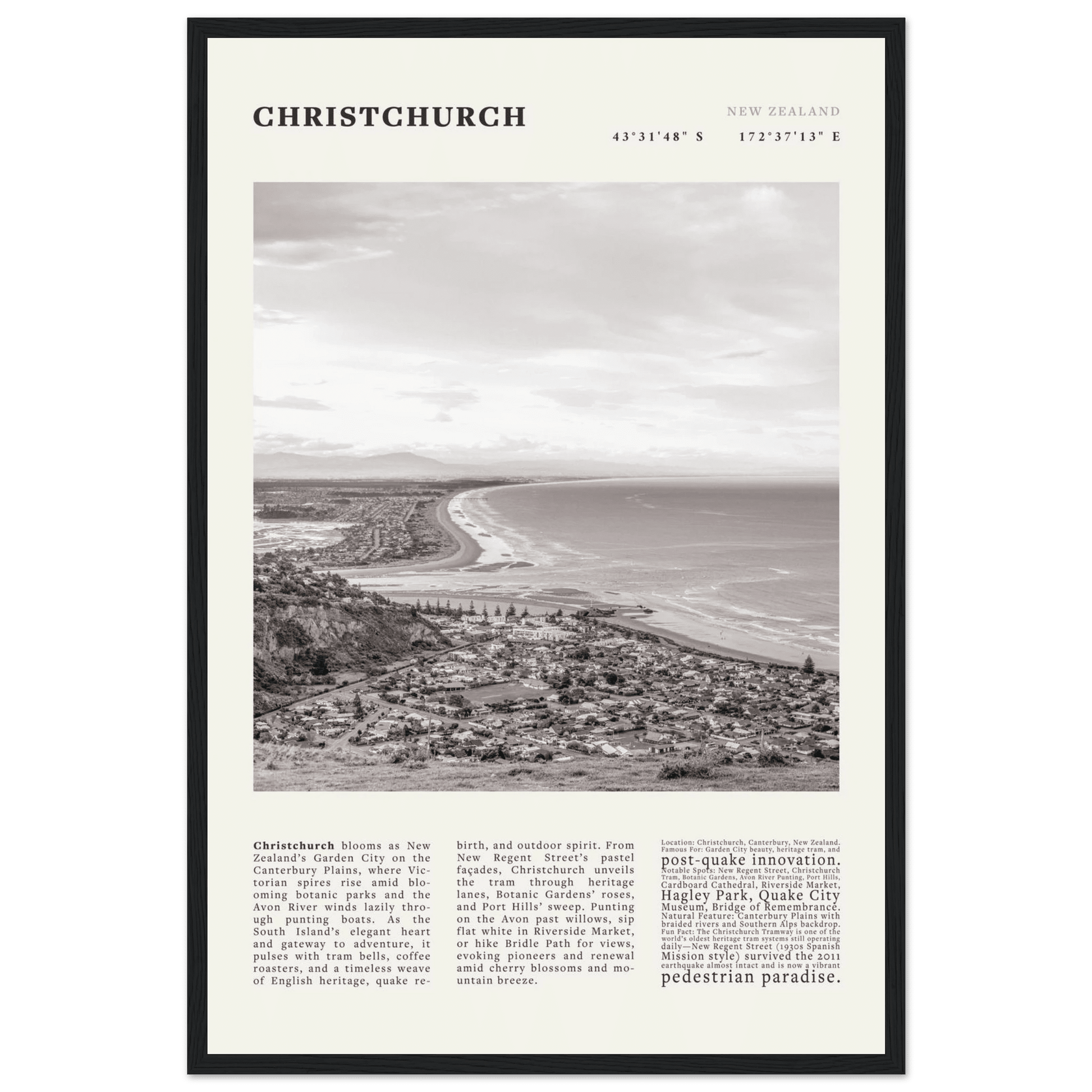 Christchurch New Zealand Poster Black and White – Vintage Garden City Panorama Print - Evergreen Posters