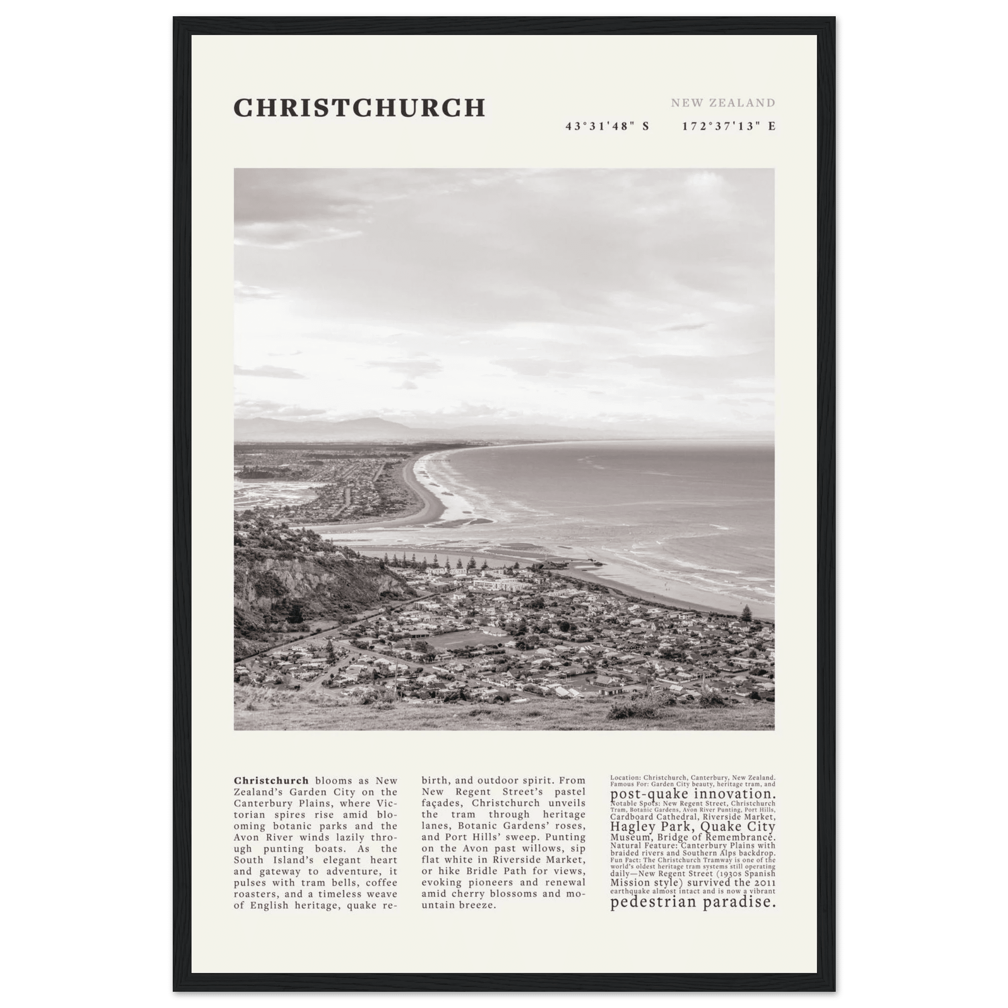 Christchurch New Zealand Poster Black and White – Vintage Garden City Panorama Print - Evergreen Posters