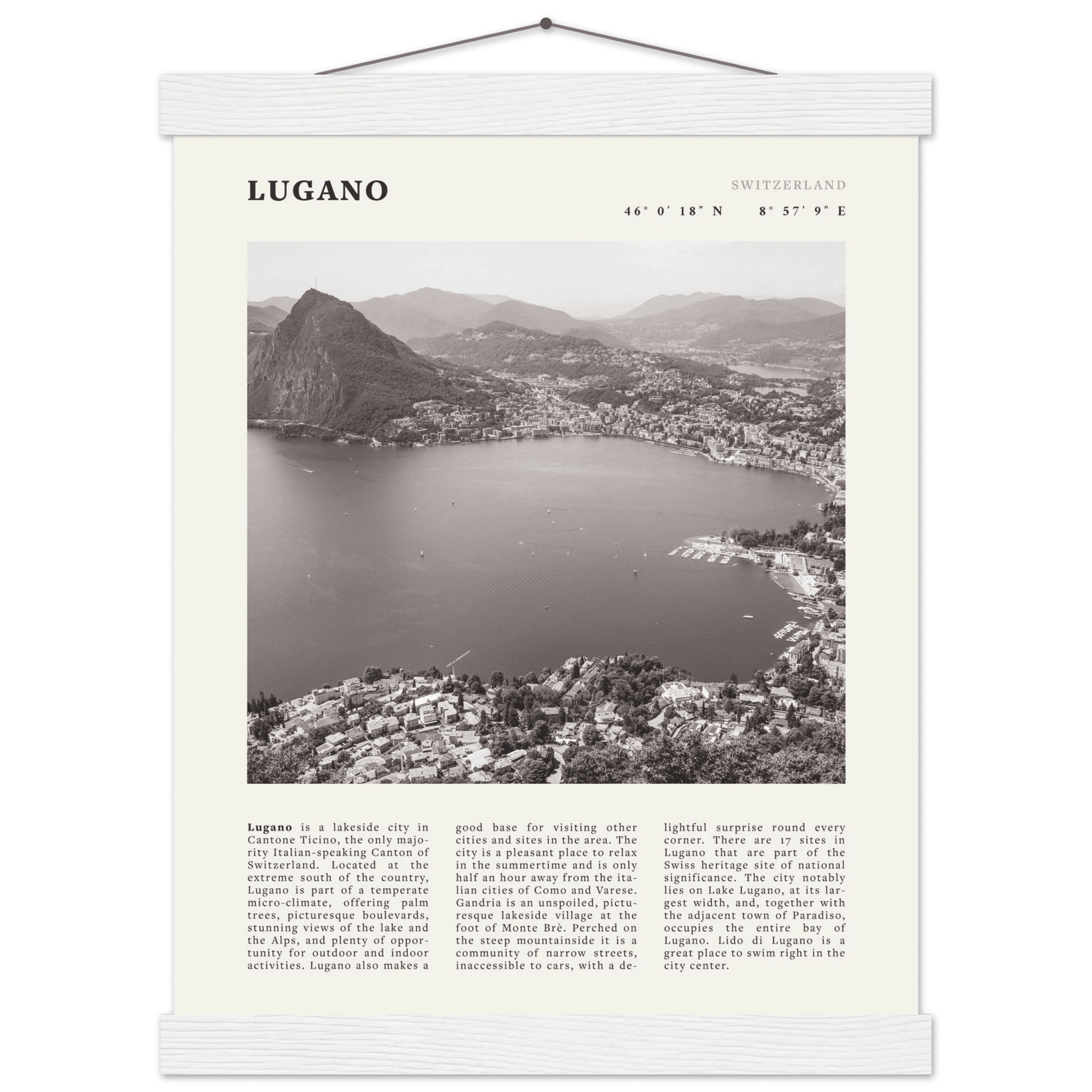 Lugano Poster | Black & White Swiss Lake Wall Art | Switzerland Travel Print - Evergreen Posters