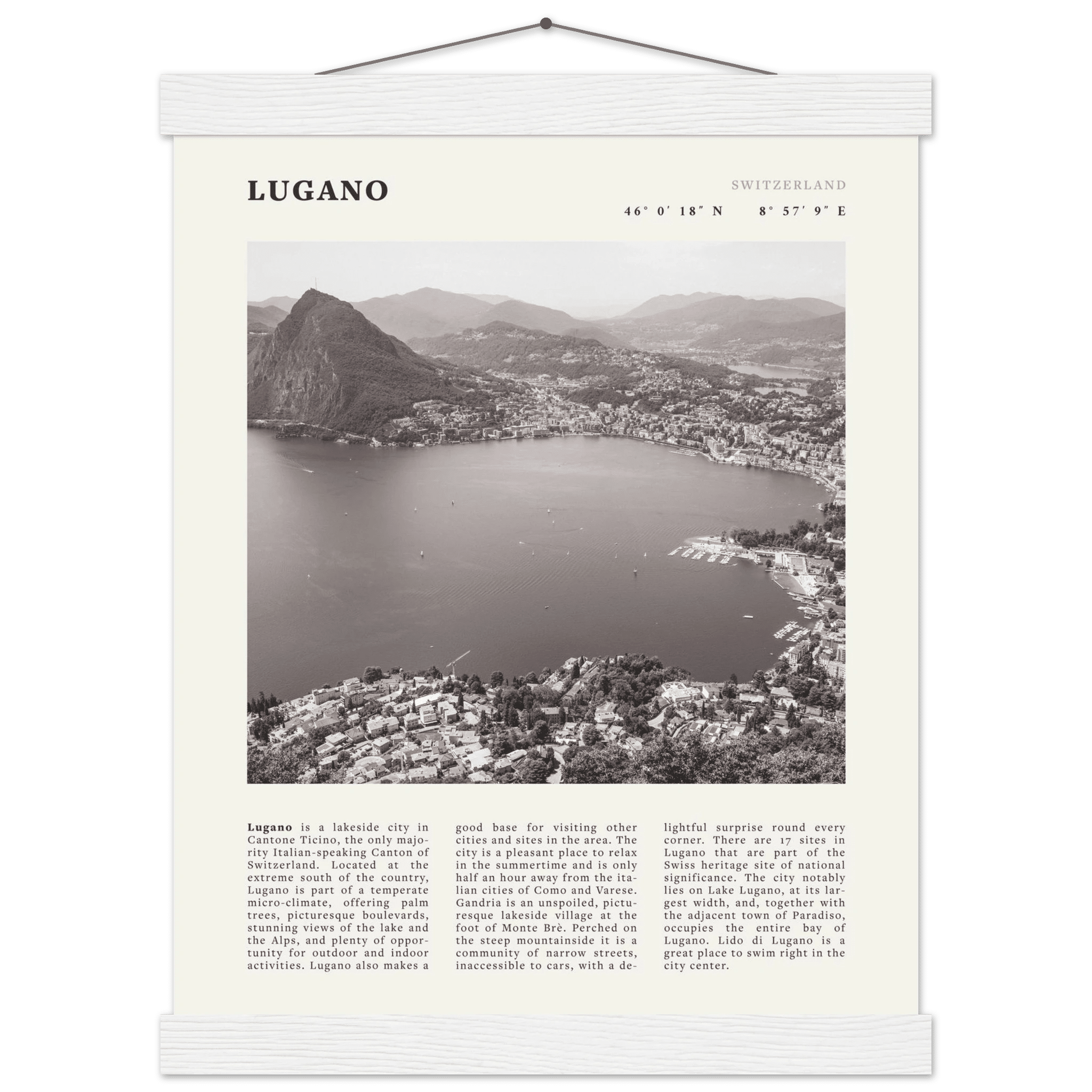 Lugano Poster | Black & White Swiss Lake Wall Art | Switzerland Travel Print - Evergreen Posters