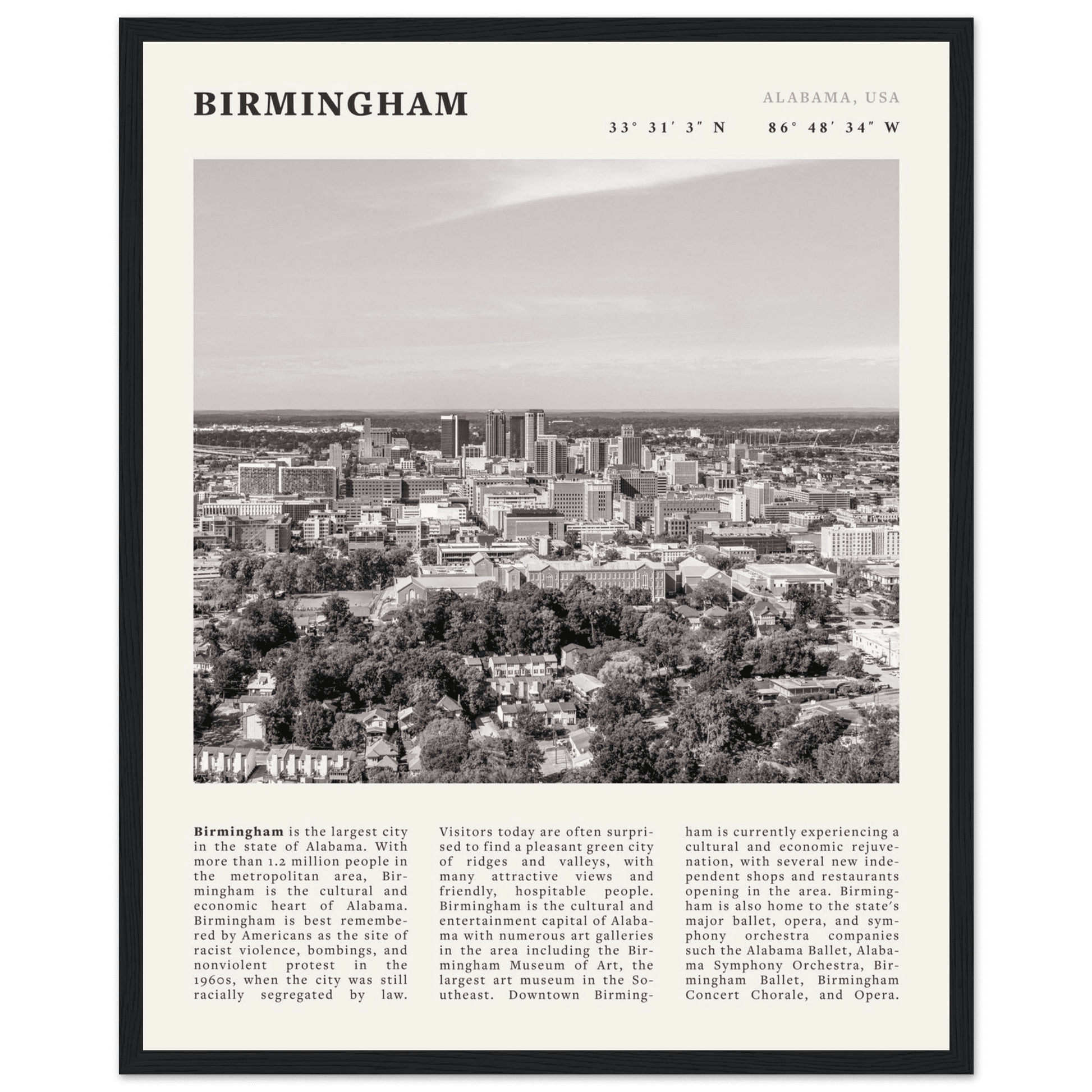 Birmingham Poster | Black & White Alabama Skyline Wall Art | AL Travel Print - Evergreen Posters