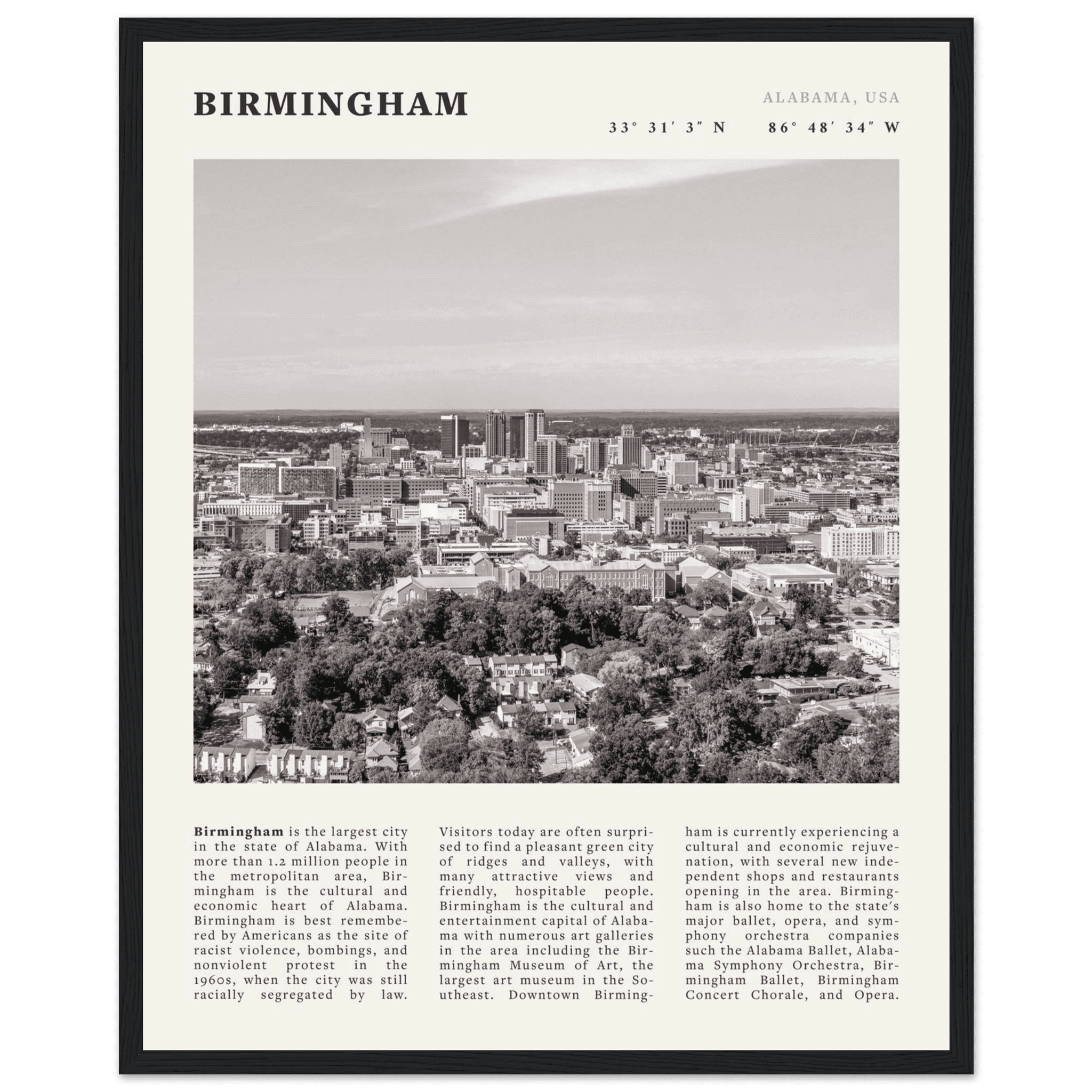 Birmingham Poster | Black & White Alabama Skyline Wall Art | AL Travel Print - Evergreen Posters