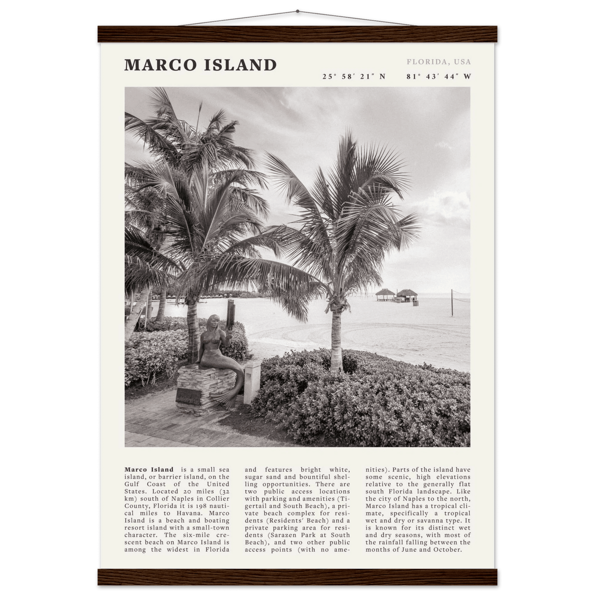 Marco Island Poster | Black & White Florida Beach Wall Art | Coastal Travel Print - Evergreen Posters