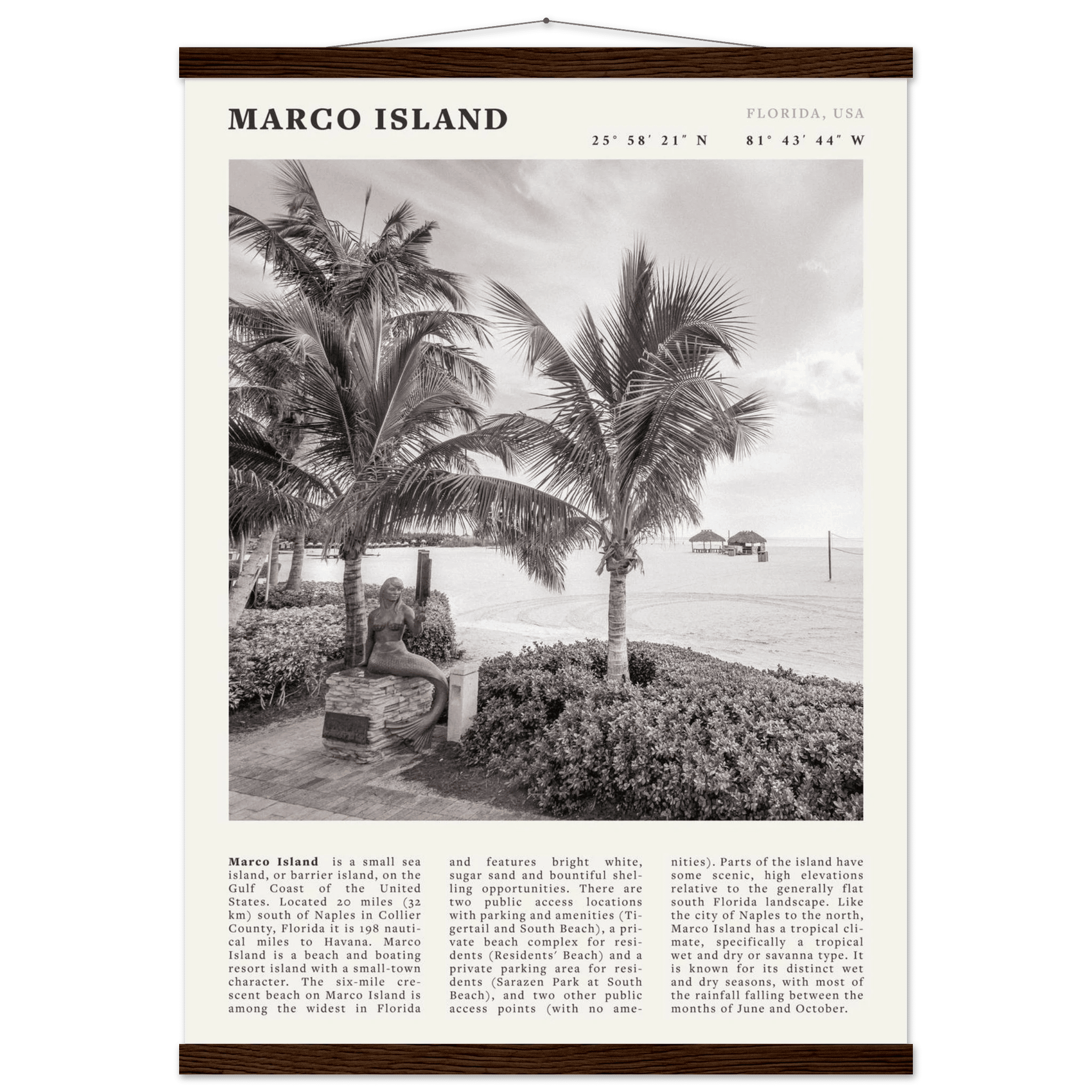 Marco Island Poster | Black & White Florida Beach Wall Art | Coastal Travel Print - Evergreen Posters