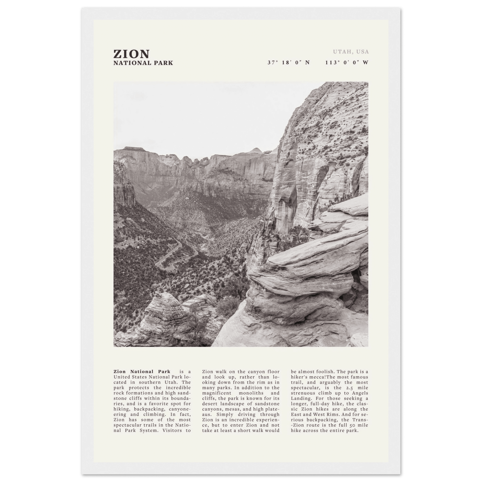 Zion National Park Poster | Black & White Utah Canyon Wall Art | USA Travel Print - Evergreen Posters