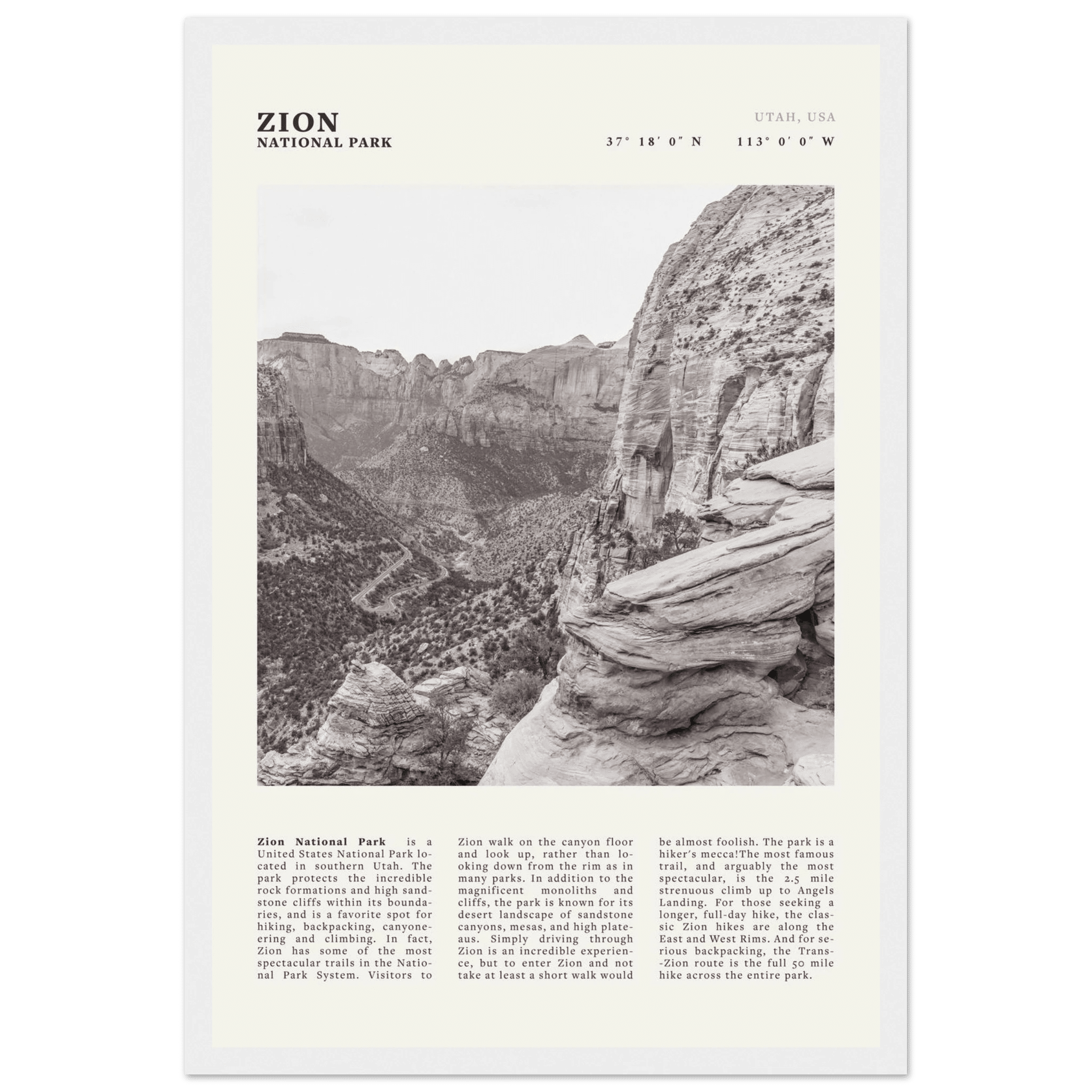 Zion National Park Poster | Black & White Utah Canyon Wall Art | USA Travel Print - Evergreen Posters