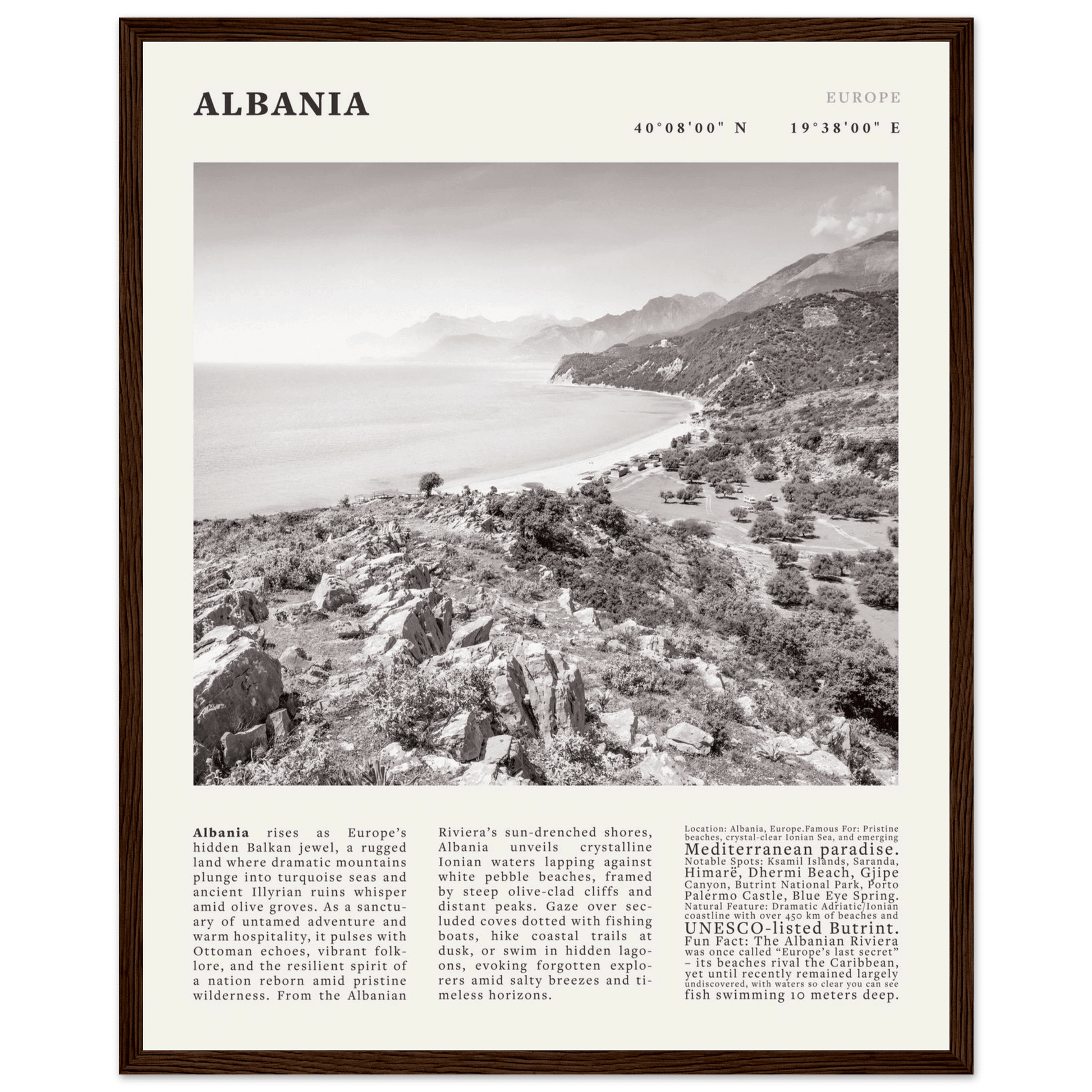 Albania Poster Black and White – Vintage Albanian Riviera Travel Print (Digital & Printed Options) - Evergreen Posters