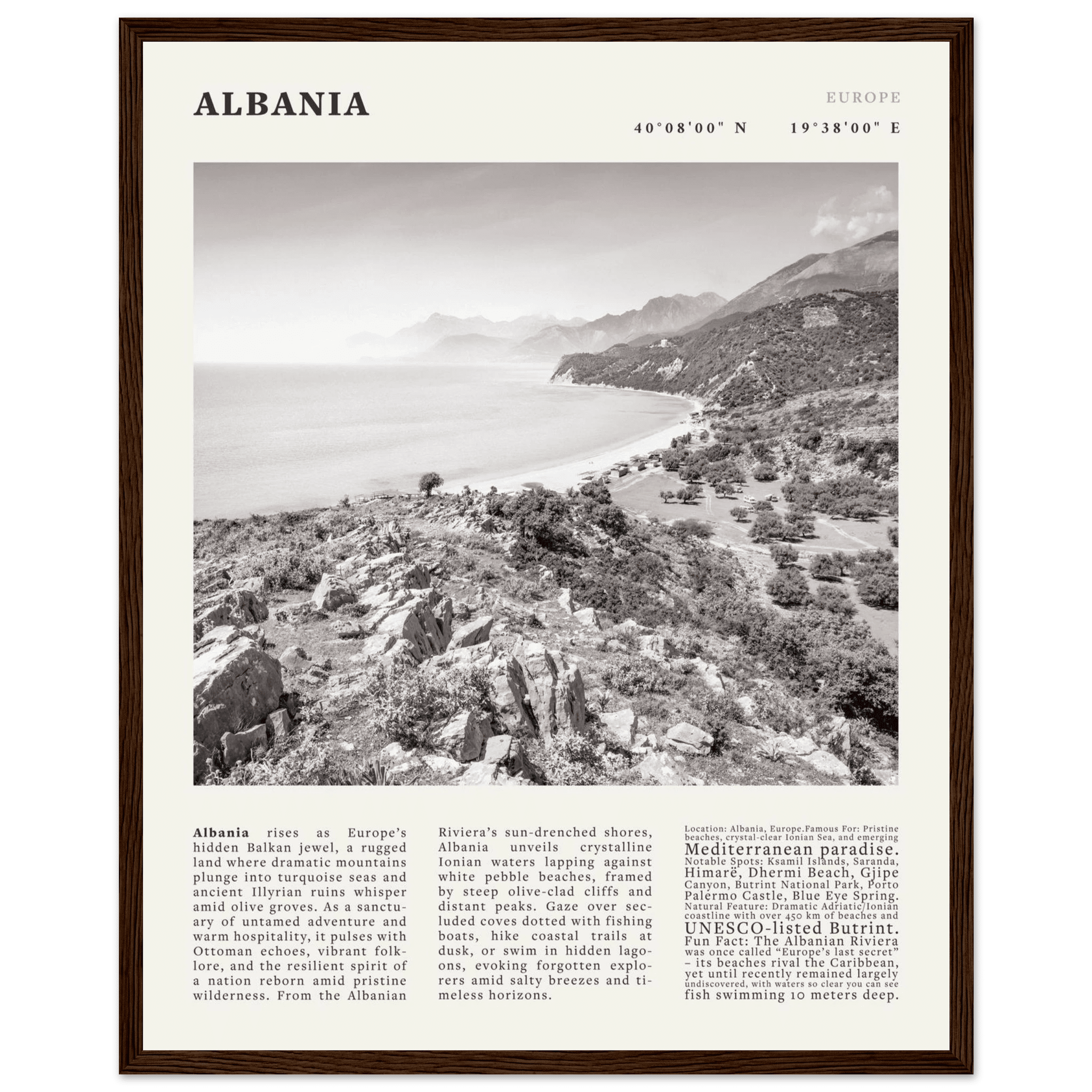 Albania Poster Black and White – Vintage Albanian Riviera Travel Print (Digital & Printed Options) - Evergreen Posters
