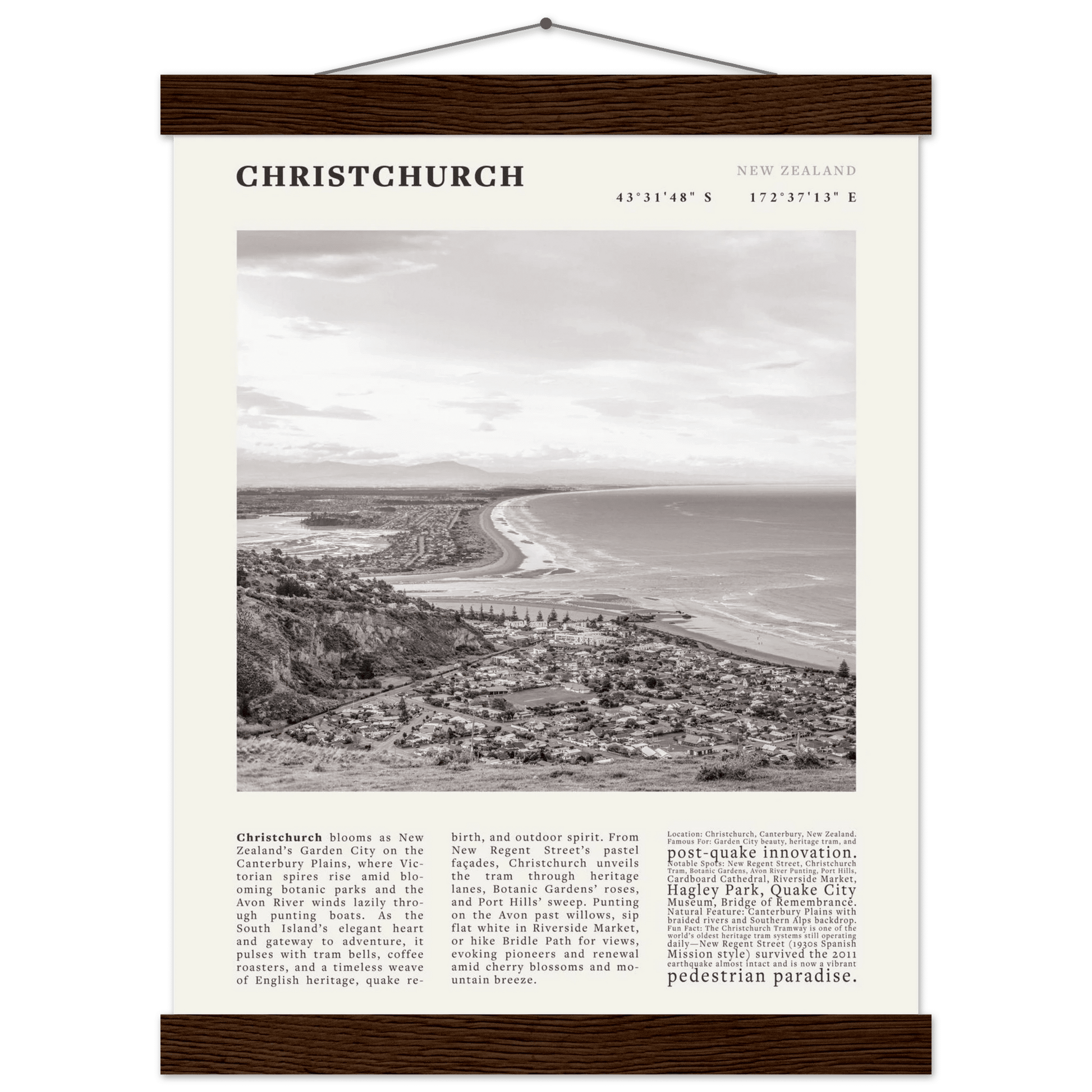 Christchurch New Zealand Poster Black and White – Vintage Garden City Panorama Print - Evergreen Posters