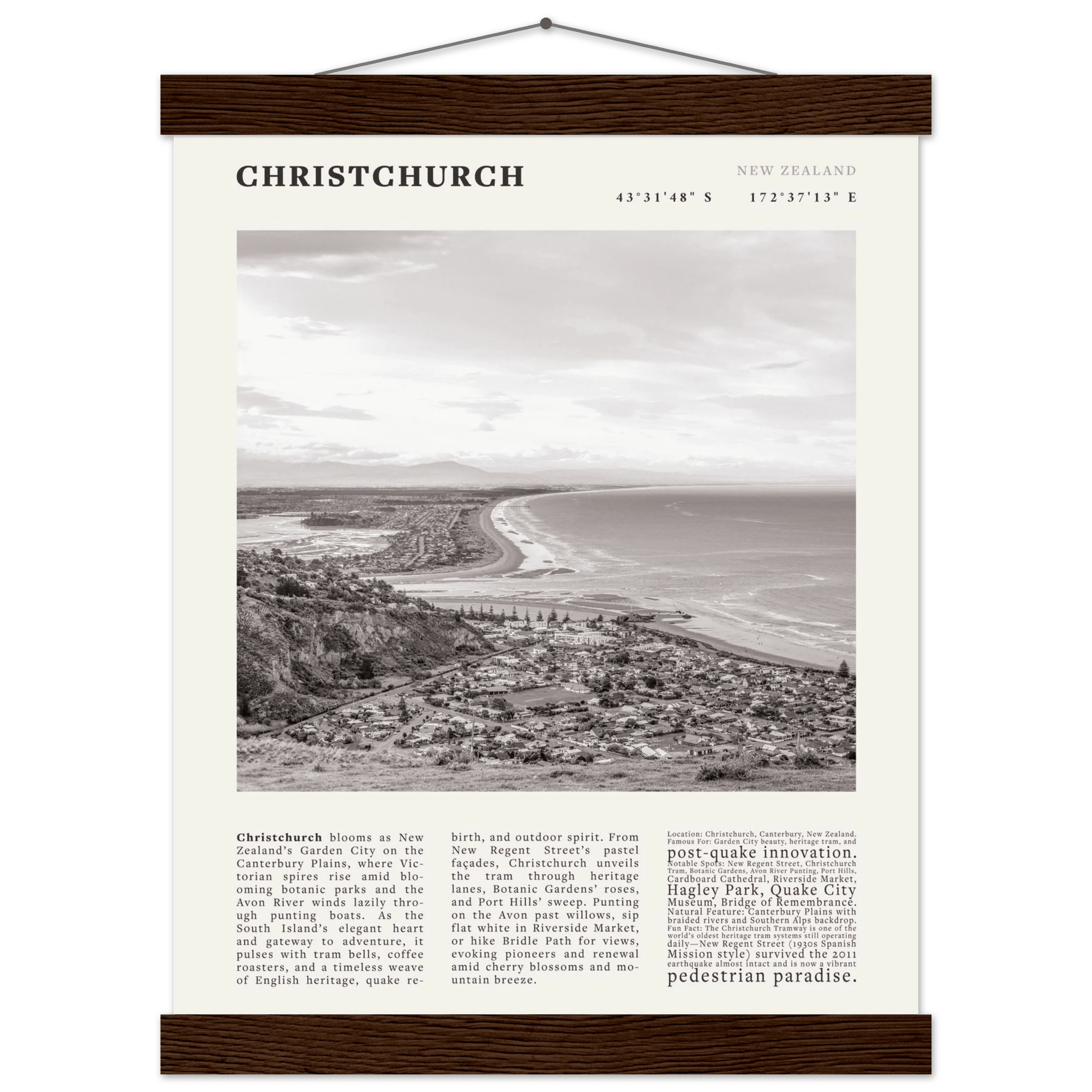 Christchurch New Zealand Poster Black and White – Vintage Garden City Panorama Print - Evergreen Posters