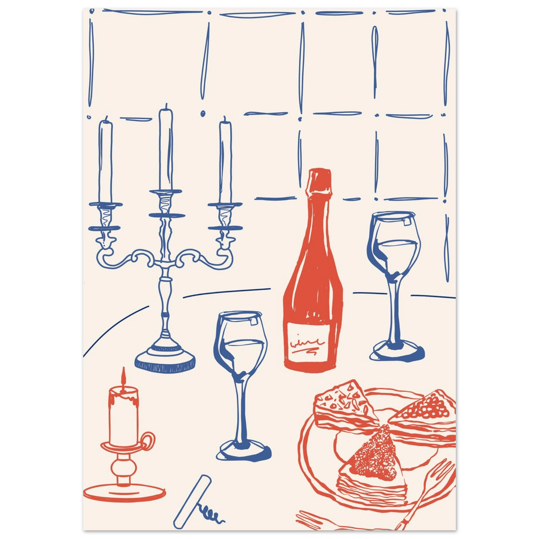 Candlelight Dinner Print | Wine & Candelabra Line Art Wall Art | Kitchen Poster - Evergreen Posters