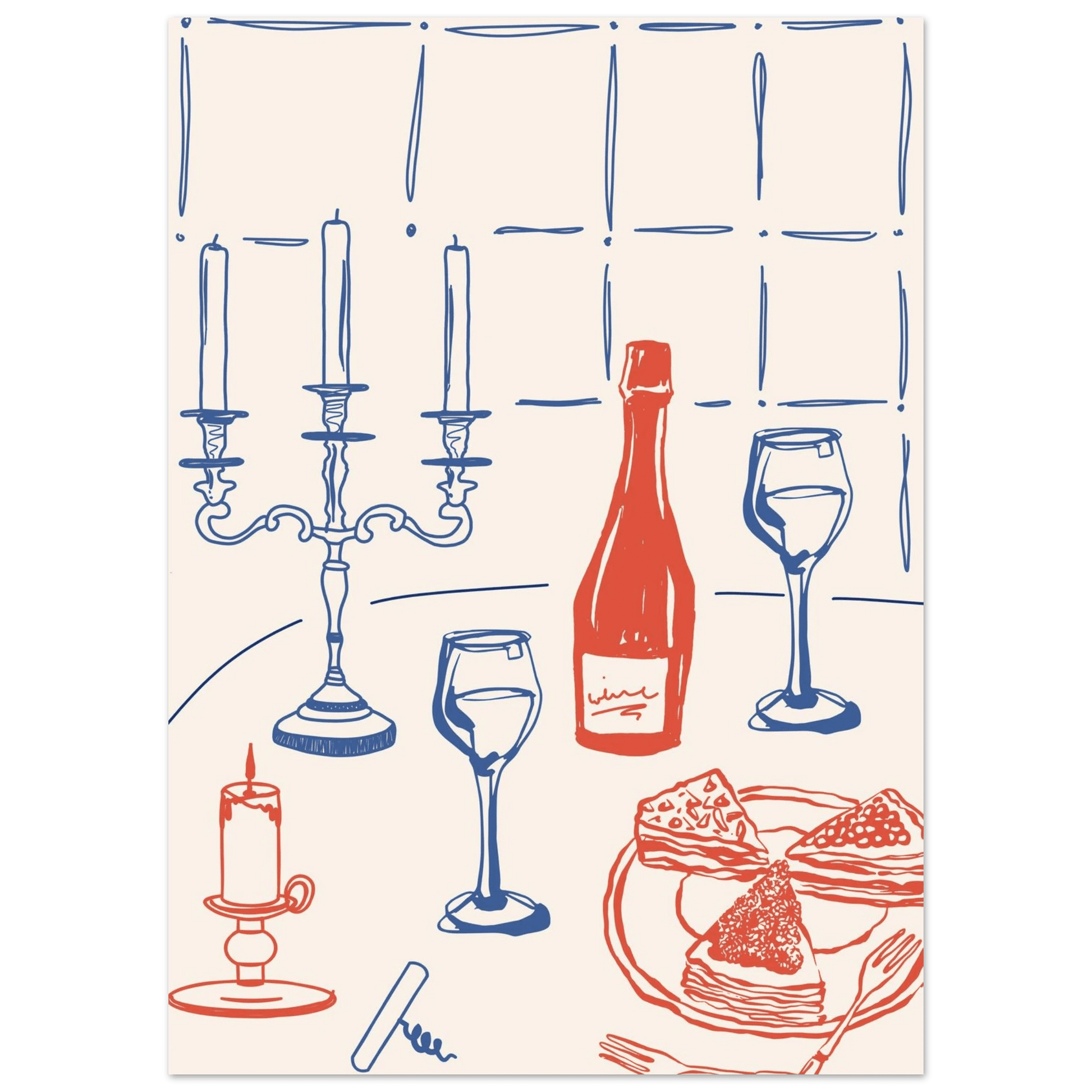 Candlelight Dinner Print | Wine & Candelabra Line Art Wall Art | Kitchen Poster - Evergreen Posters
