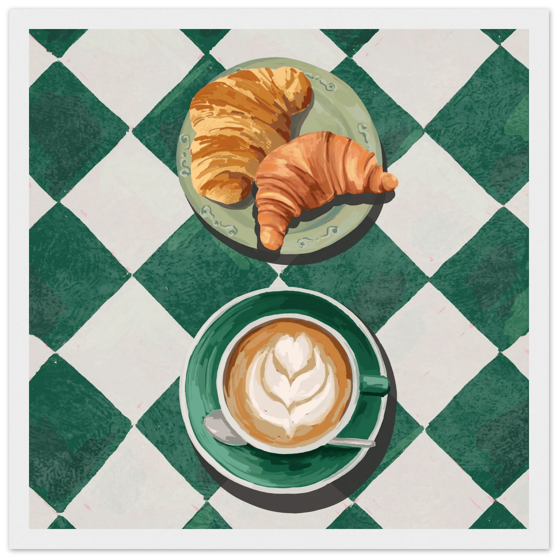Croissant & Latte Poster | Classic Kitchen Wall Art | Green Tile Square Breakfast Print - Evergreen Posters - 13
