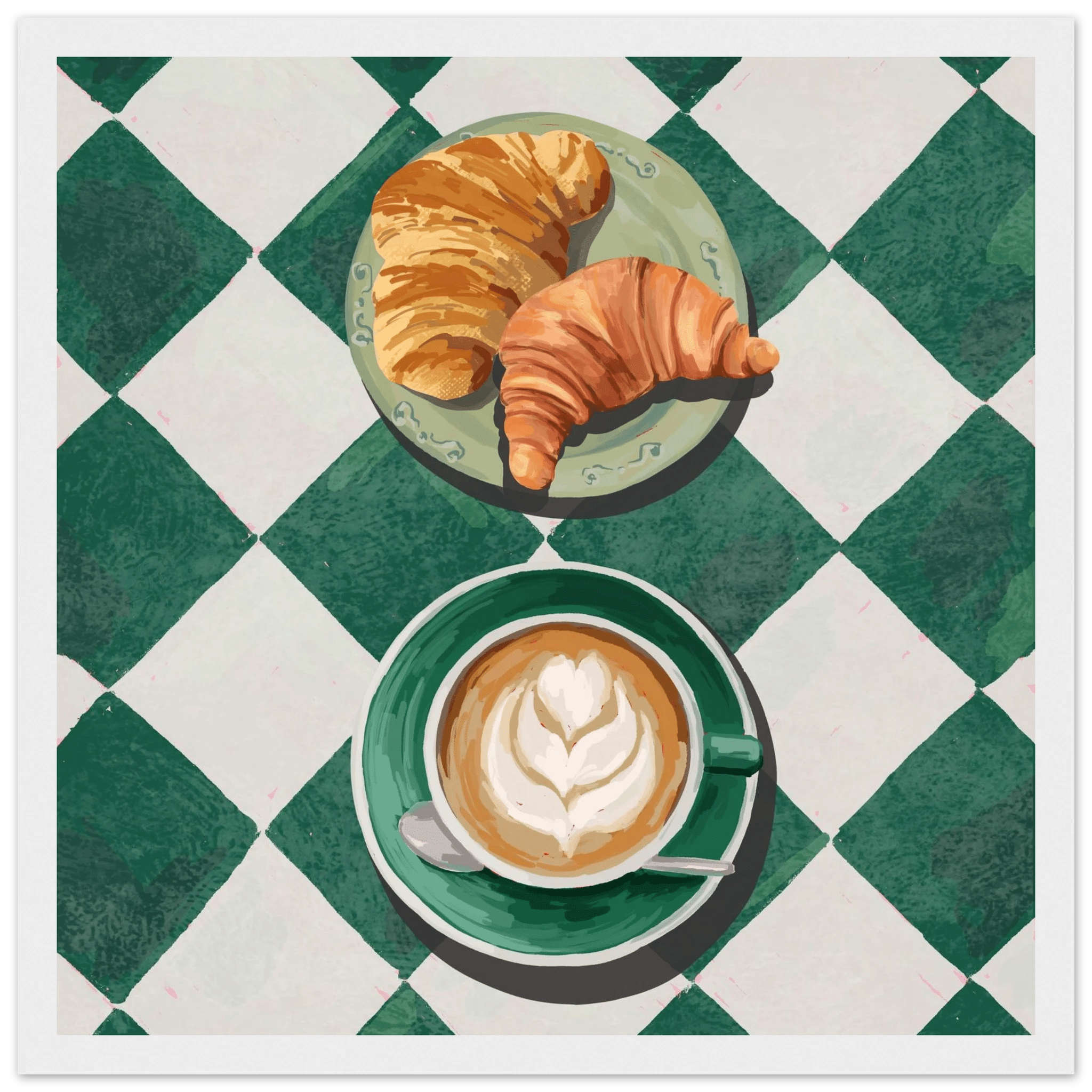 Croissant & Latte Poster | Classic Kitchen Wall Art | Green Tile Square Breakfast Print - Evergreen Posters - 13