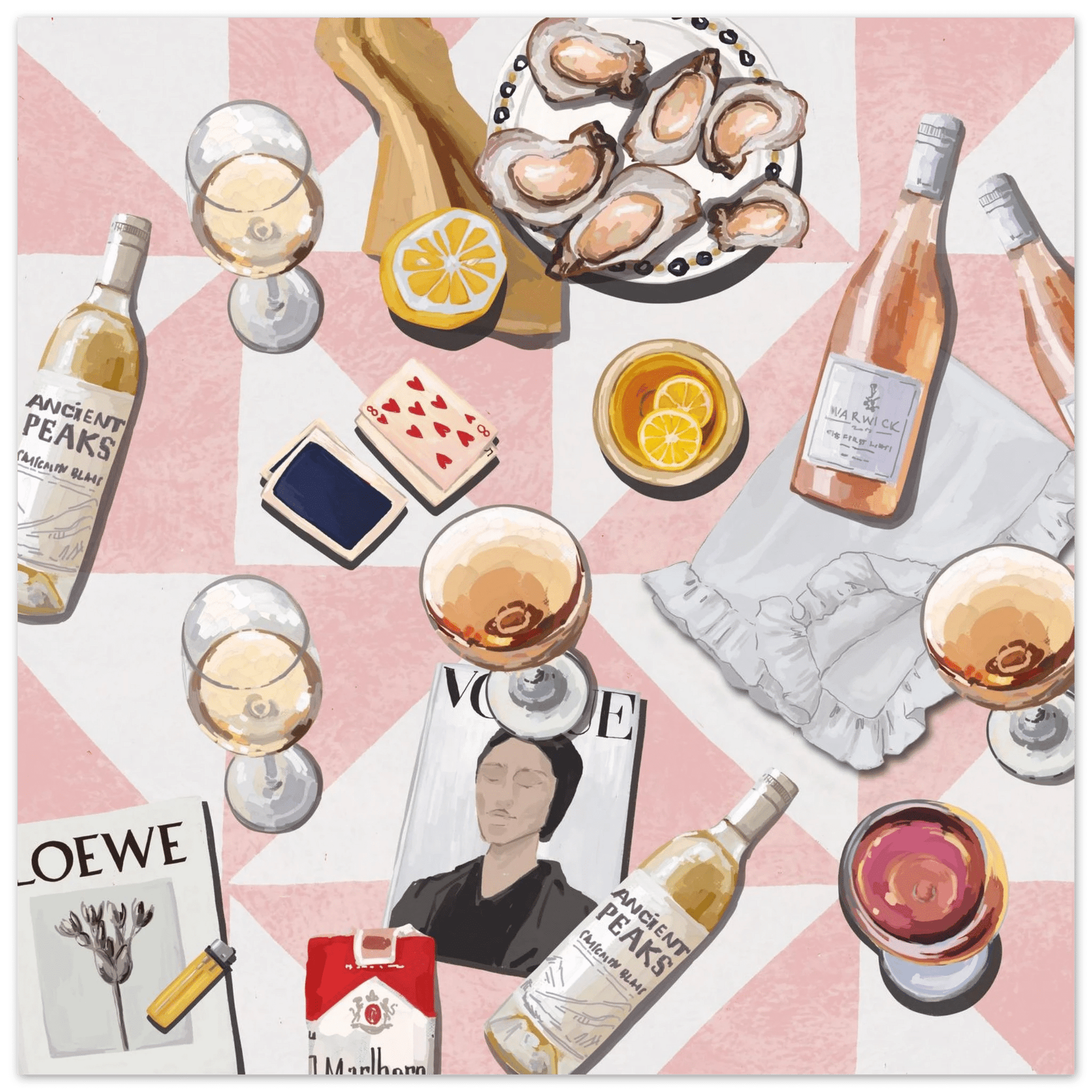 Vogue Oysters & Rosé Poster | Dopamine Decor Luxury Wall Art | Pink Tile Square Print - Evergreen Posters