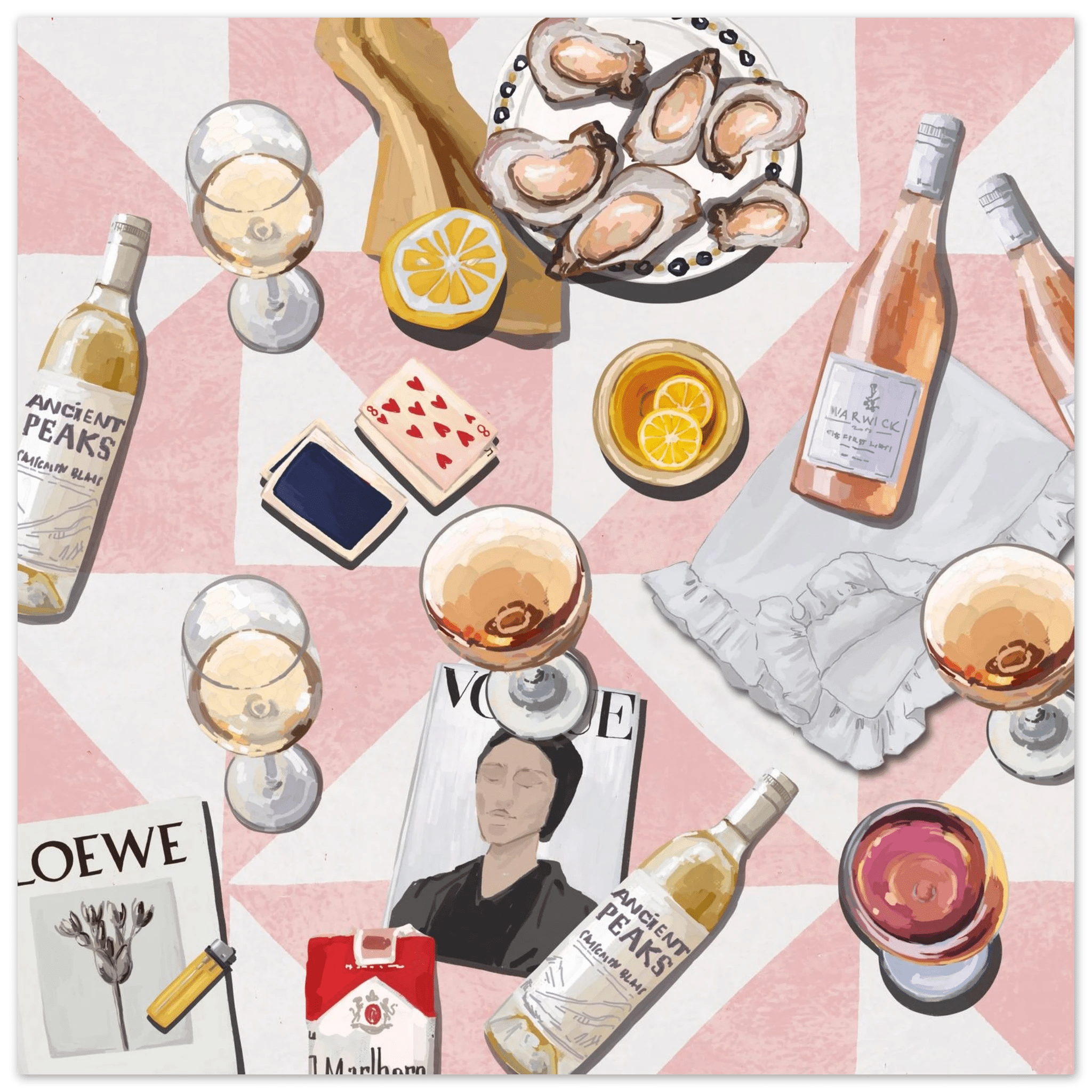 Vogue Oysters & Rosé Poster | Dopamine Decor Luxury Wall Art | Pink Tile Square Print - Evergreen Posters