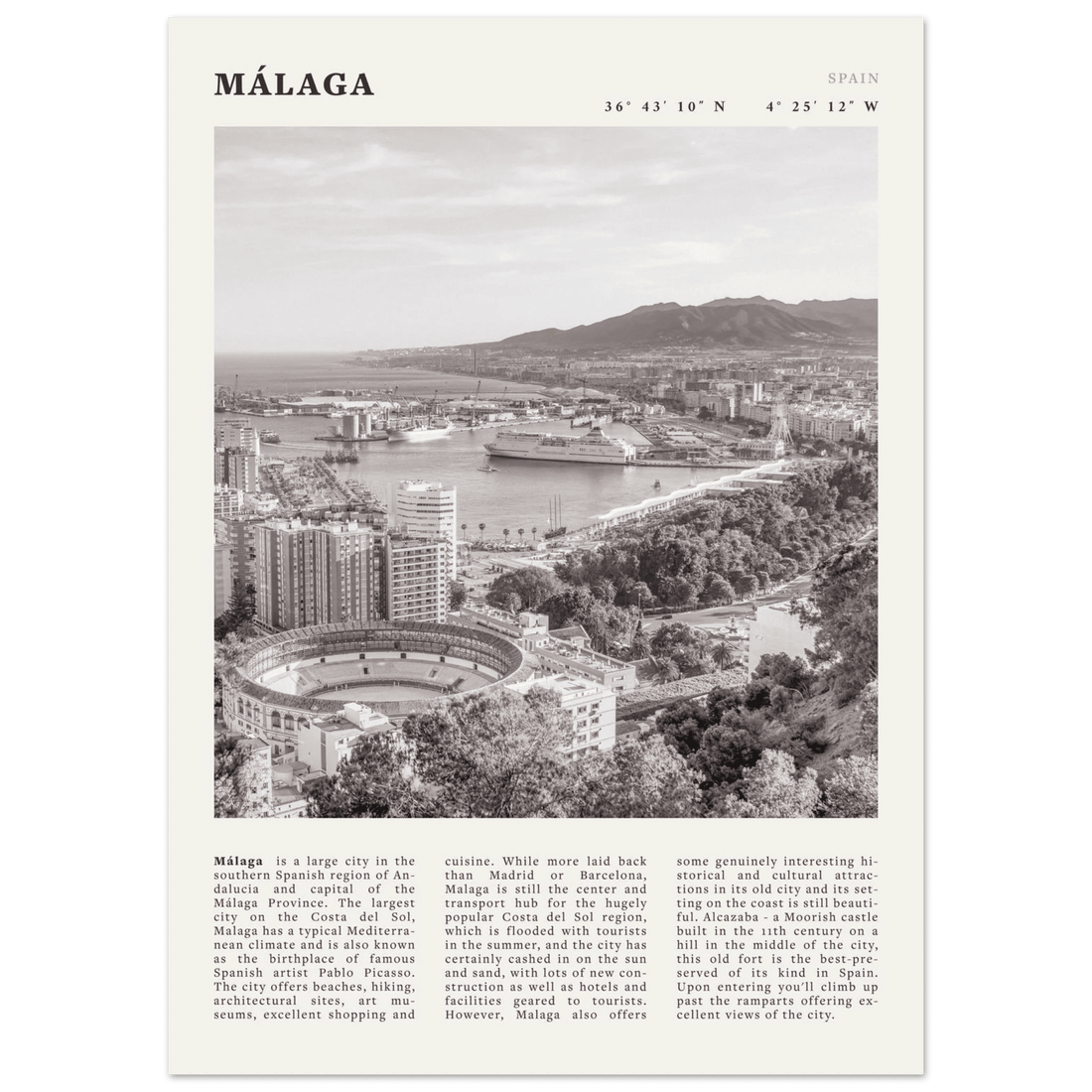 Málaga Poster | Black & White Costa del Sol Wall Art | Spain Travel Print - Evergreen Posters
