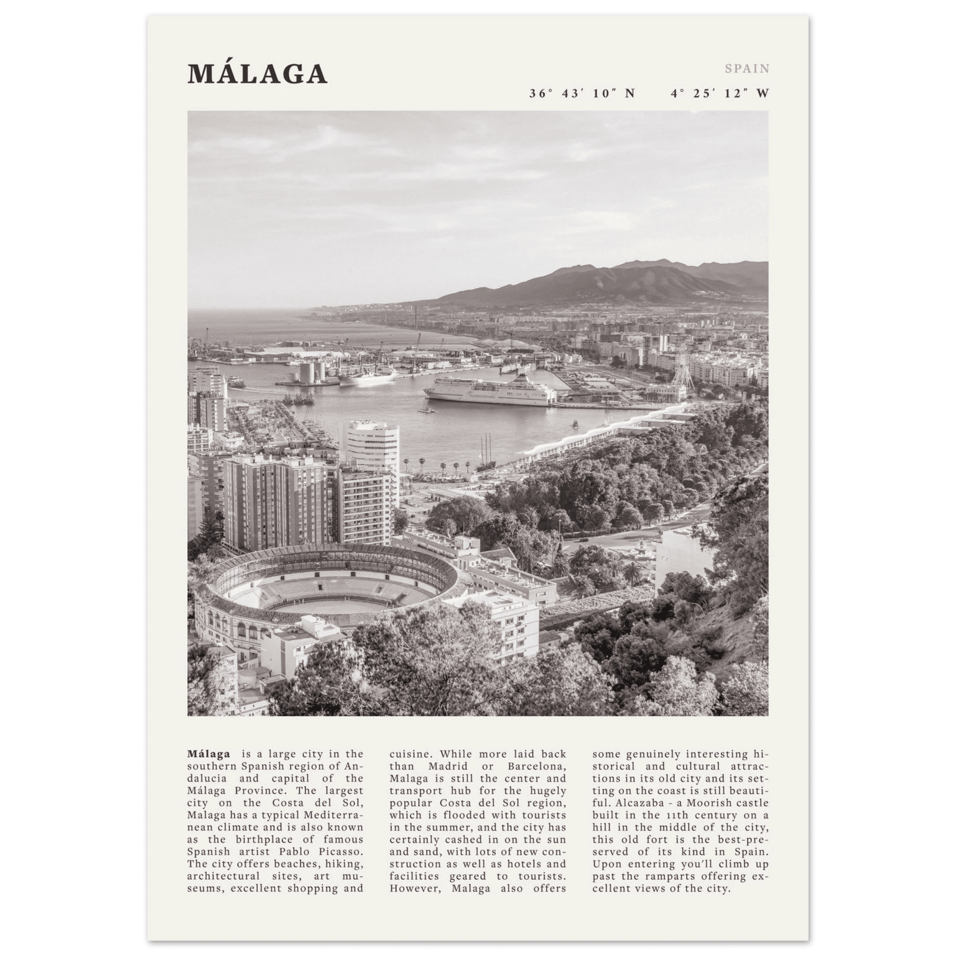 Málaga Poster | Black & White Costa del Sol Wall Art | Spain Travel Print - Evergreen Posters