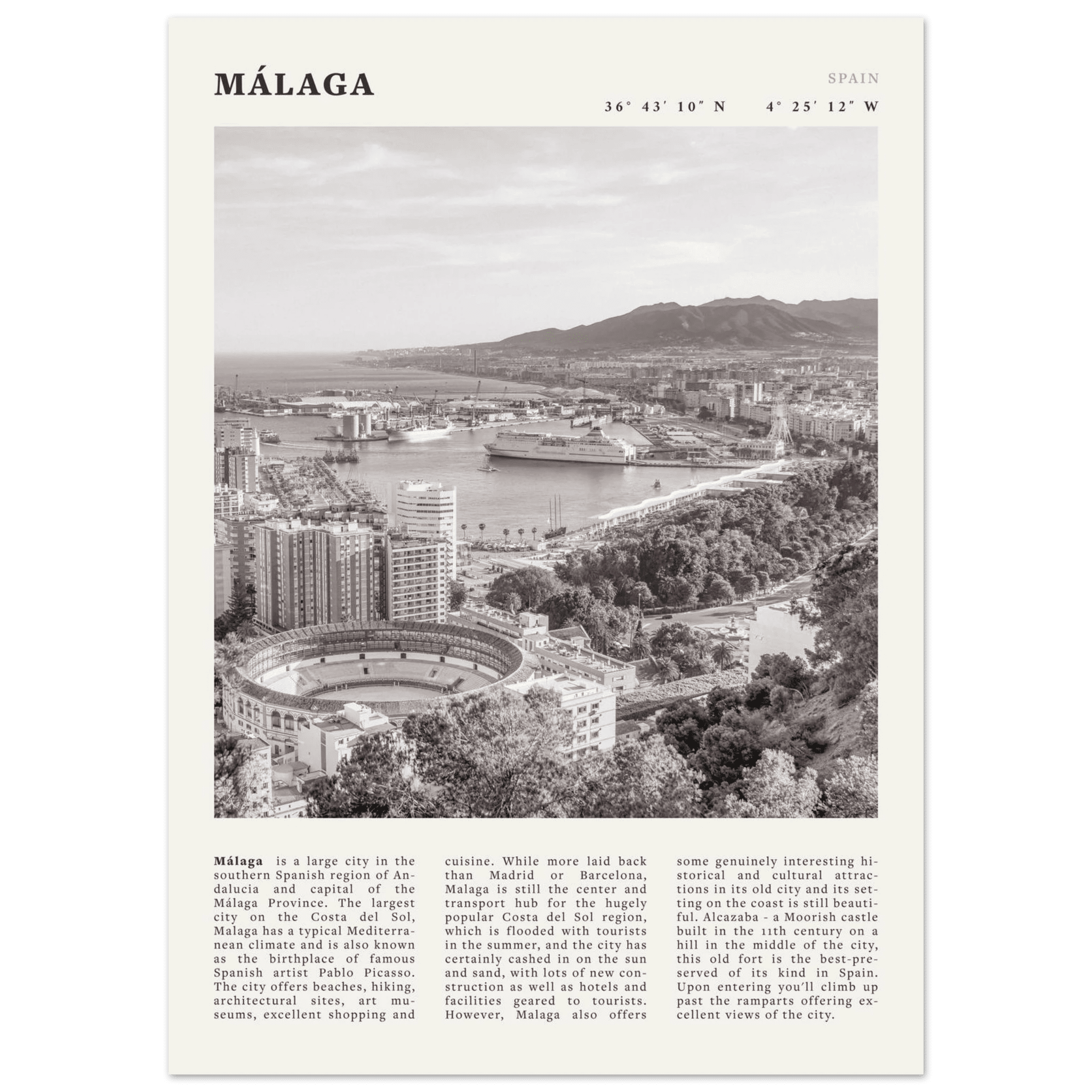 Málaga Poster | Black & White Costa del Sol Wall Art | Spain Travel Print - Evergreen Posters