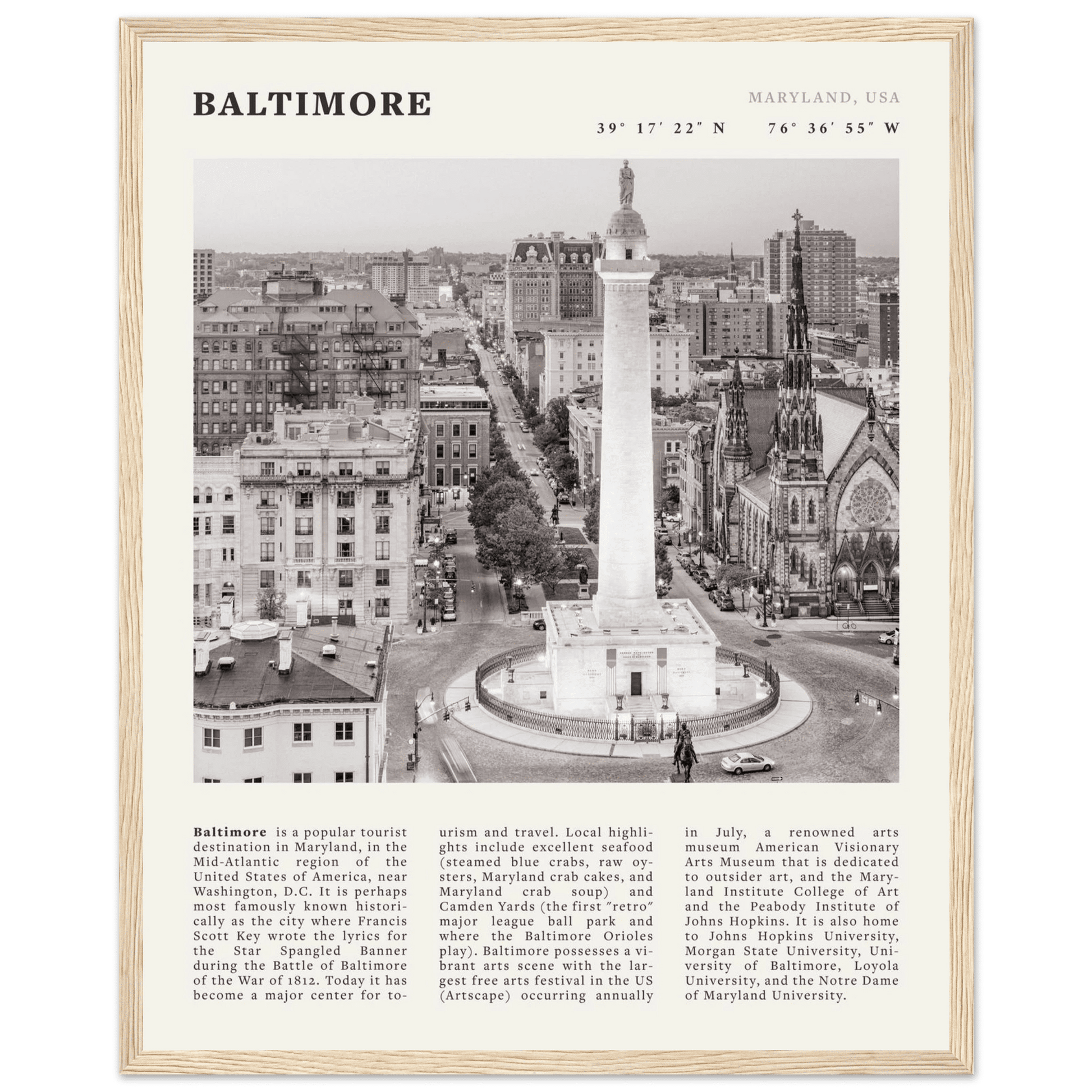 Baltimore Poster | Black & White Maryland City Wall Art | USA Travel Print - Evergreen Posters