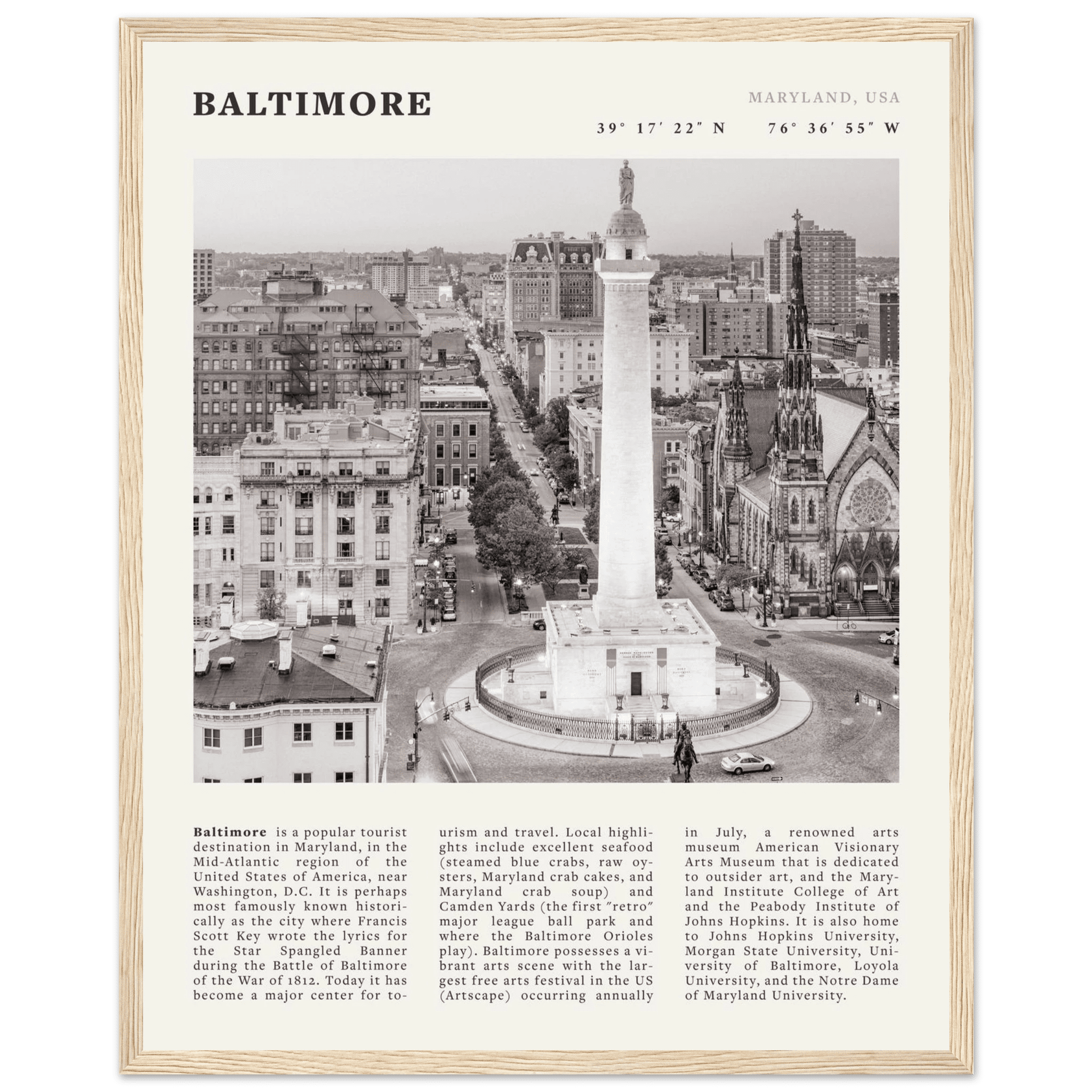 Baltimore Poster | Black & White Maryland City Wall Art | USA Travel Print - Evergreen Posters