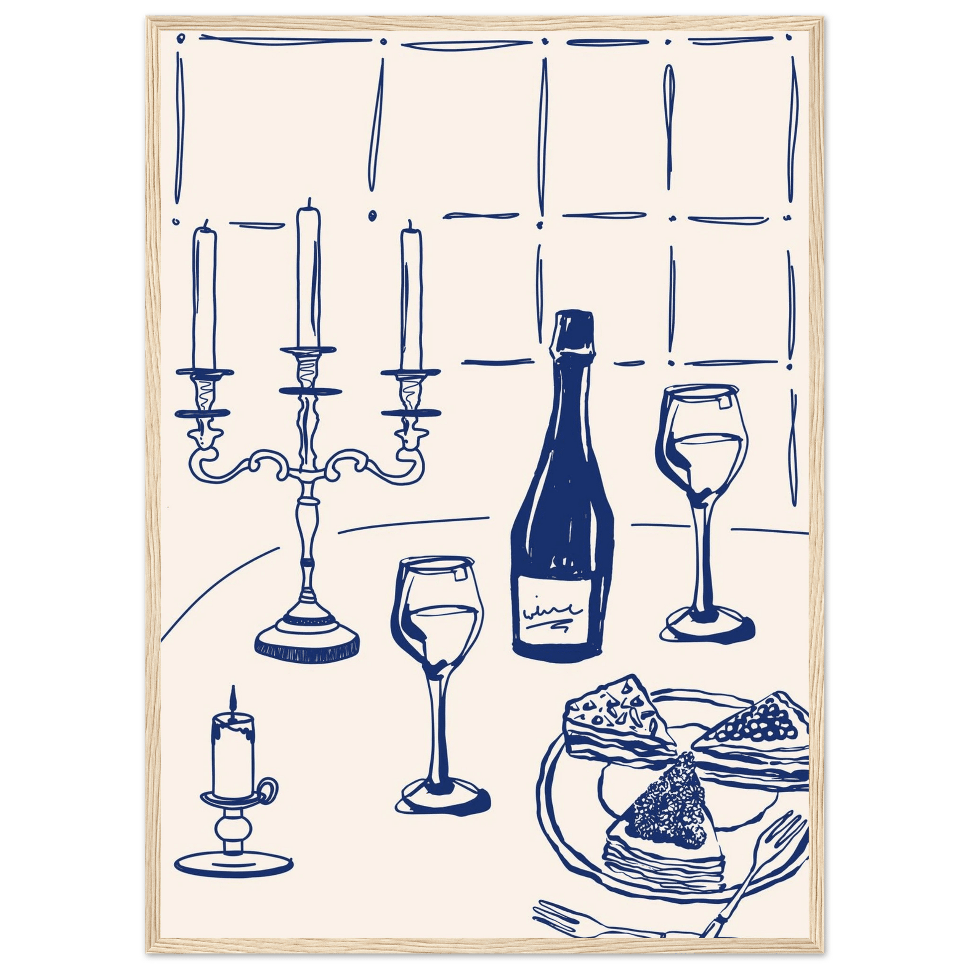 Candlelight Dinner Print | Navy Blue Wine & Candelabra Line Art | Kitchen Poster - Evergreen Posters