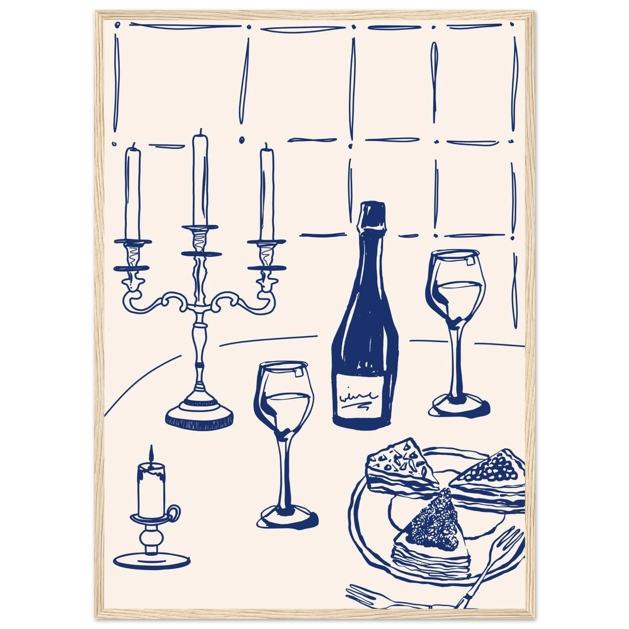 Candlelight Dinner Print | Navy Blue Wine & Candelabra Line Art | Kitchen Poster - Evergreen Posters