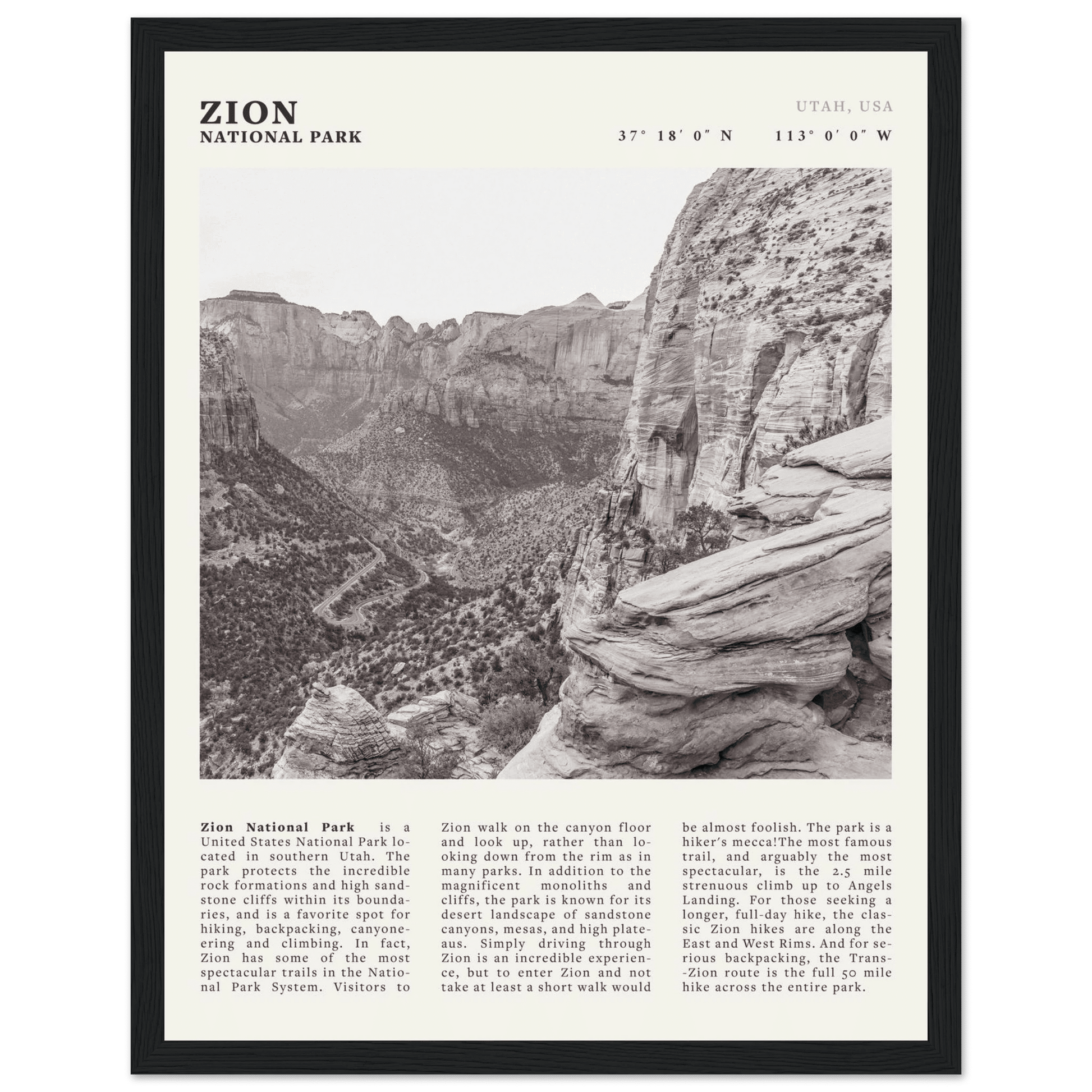 Zion National Park Poster | Black & White Utah Canyon Wall Art | USA Travel Print - Evergreen Posters