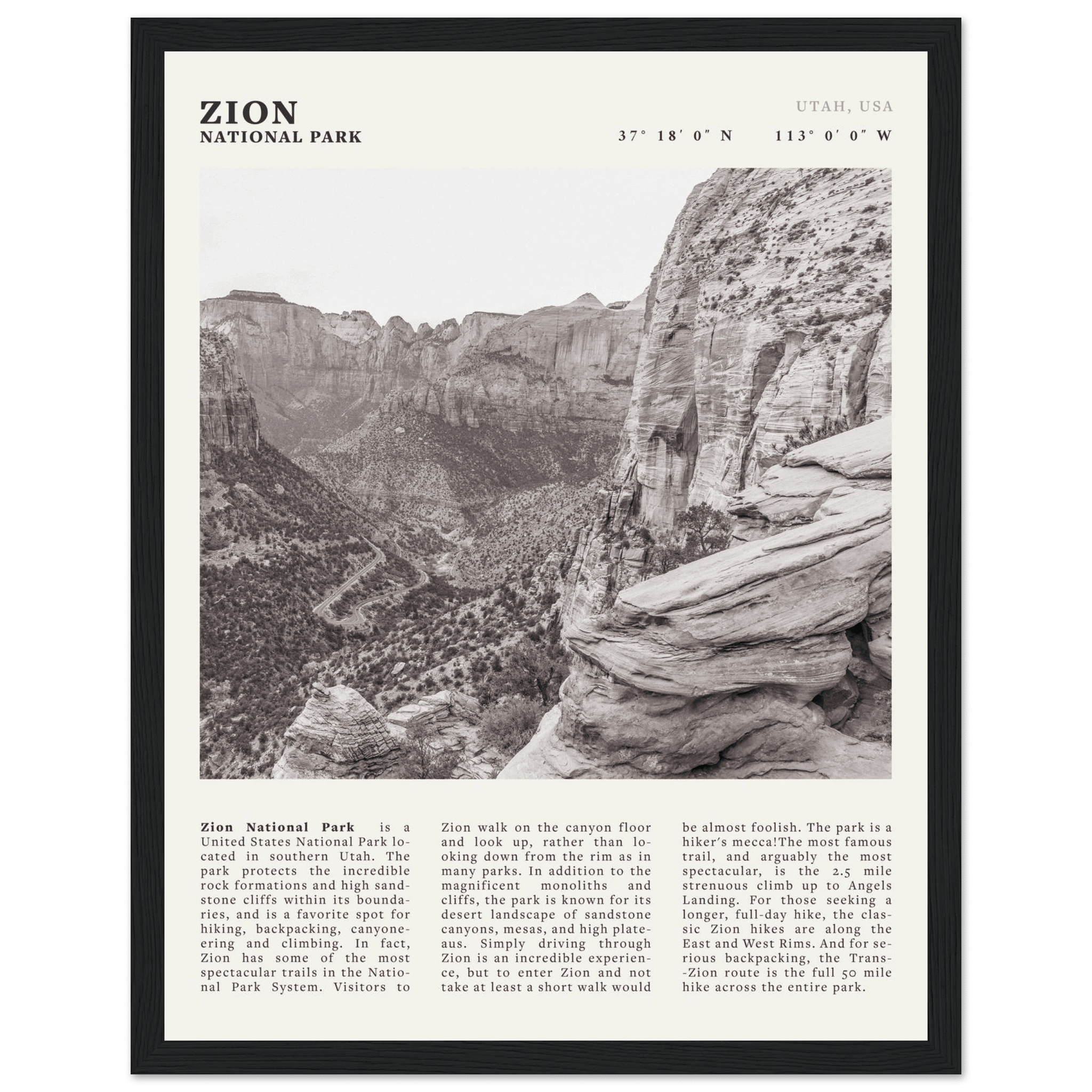 Zion National Park Poster | Black & White Utah Canyon Wall Art | USA Travel Print - Evergreen Posters