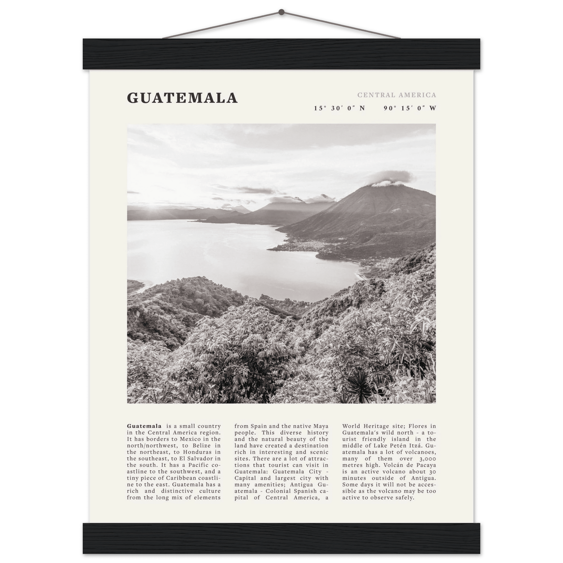 Guatemala Poster | Black & White Lake Atitlan Wall Art | Central America Travel Print - Evergreen Posters