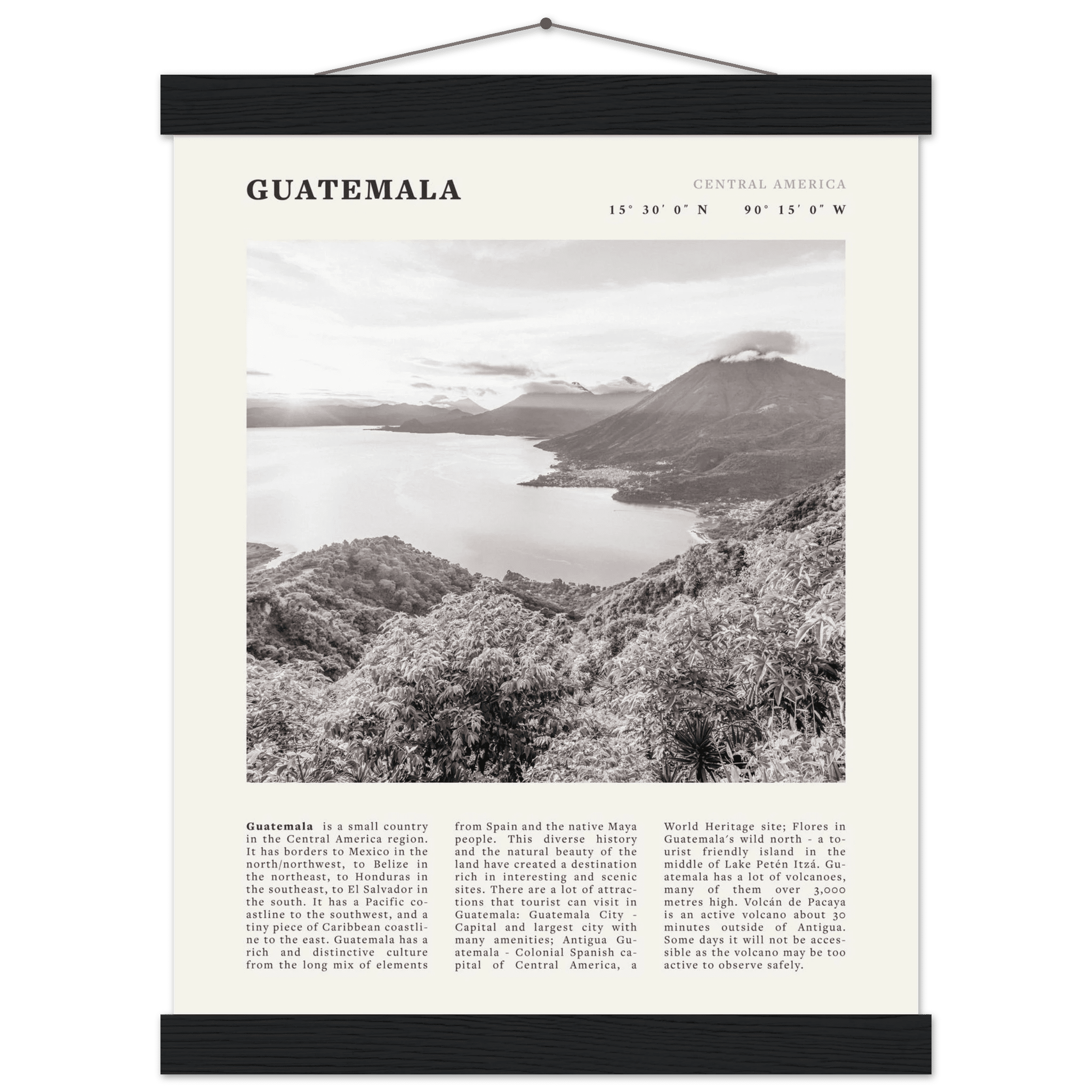 Guatemala Poster | Black & White Lake Atitlan Wall Art | Central America Travel Print - Evergreen Posters