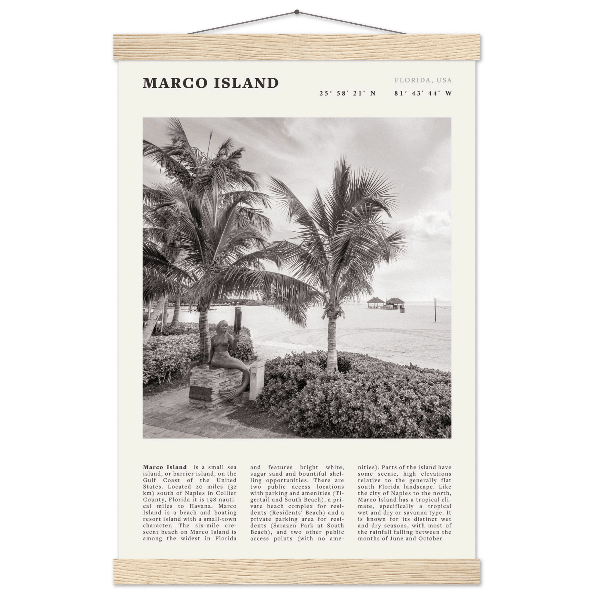 Marco Island Poster | Black & White Florida Beach Wall Art | Coastal Travel Print - Evergreen Posters
