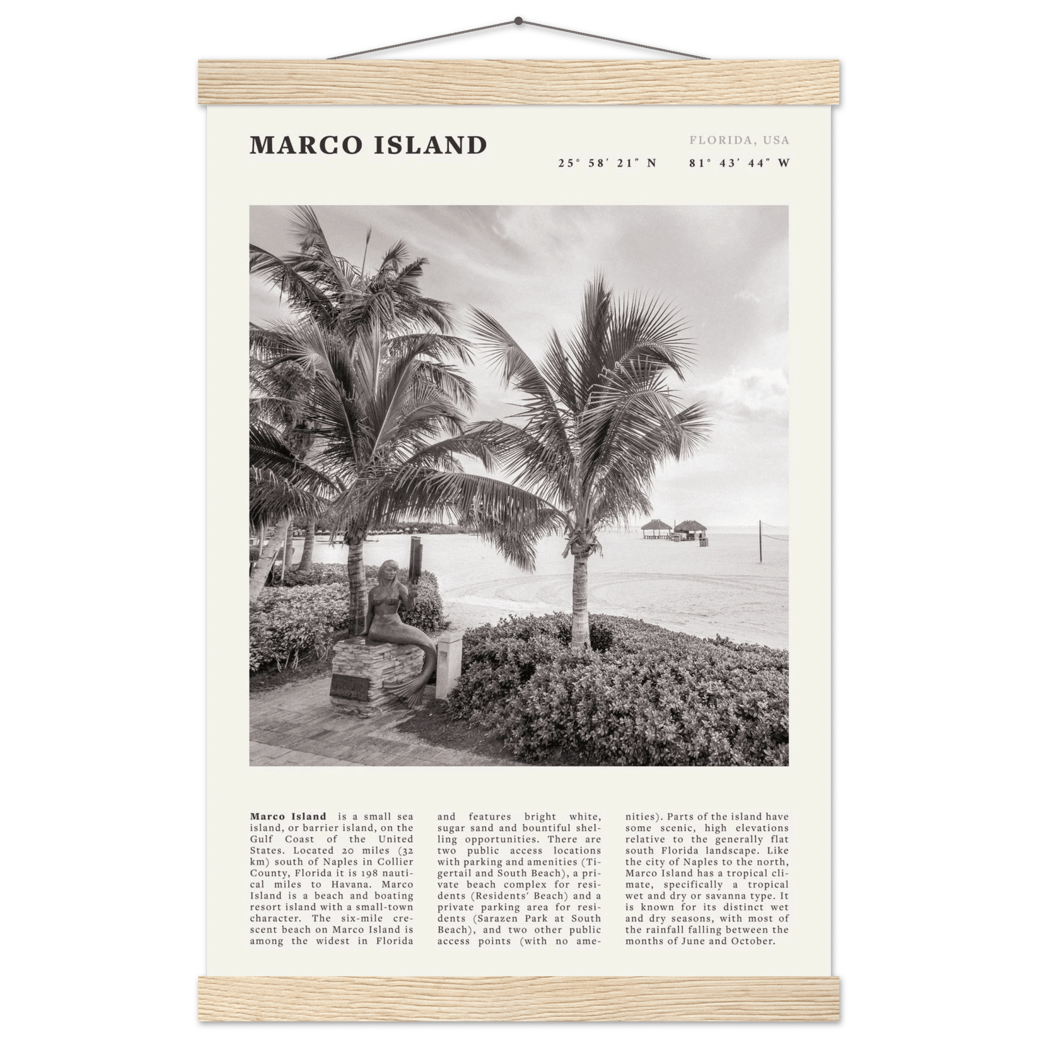 Marco Island Poster | Black & White Florida Beach Wall Art | Coastal Travel Print - Evergreen Posters