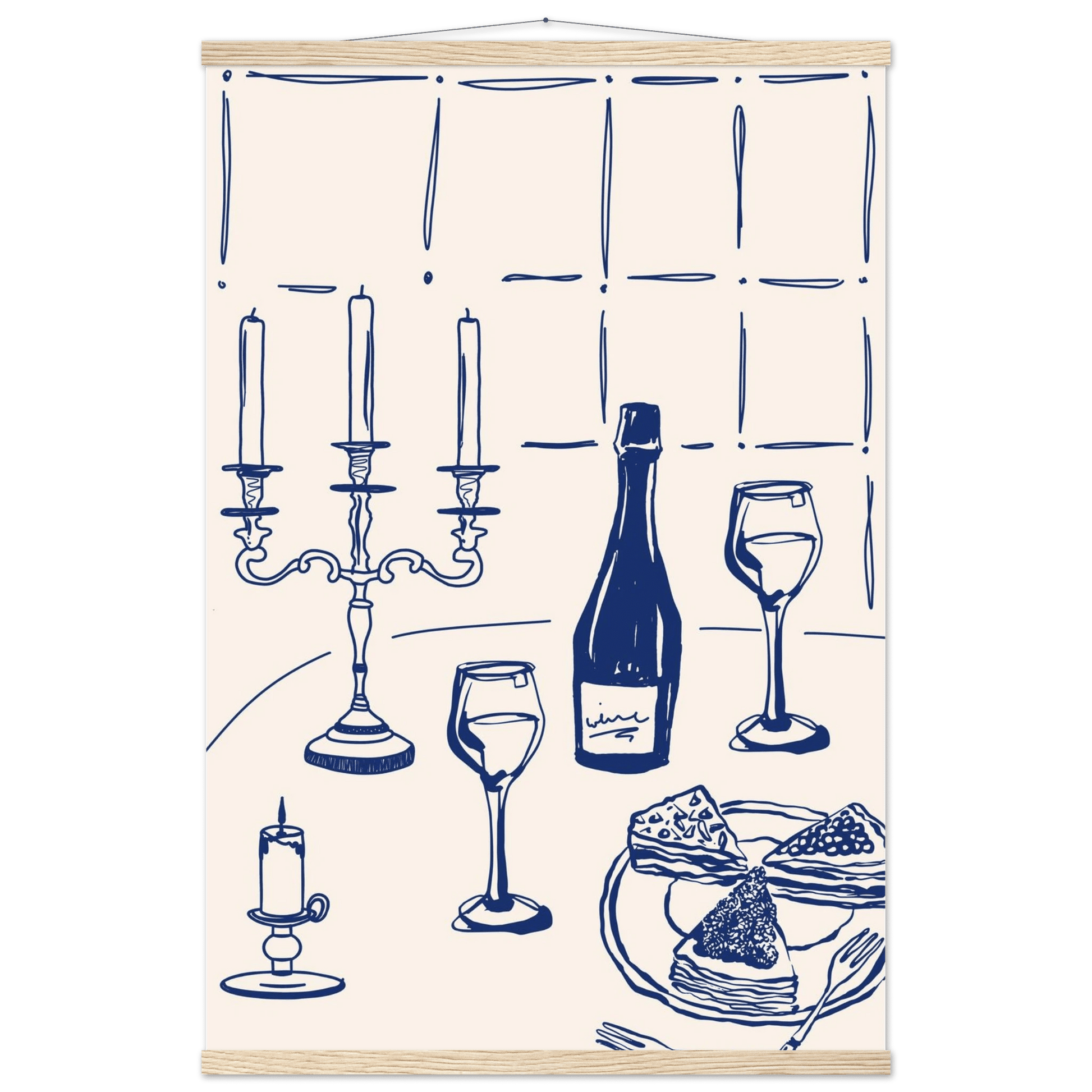 Candlelight Dinner Print | Navy Blue Wine & Candelabra Line Art | Kitchen Poster - Evergreen Posters