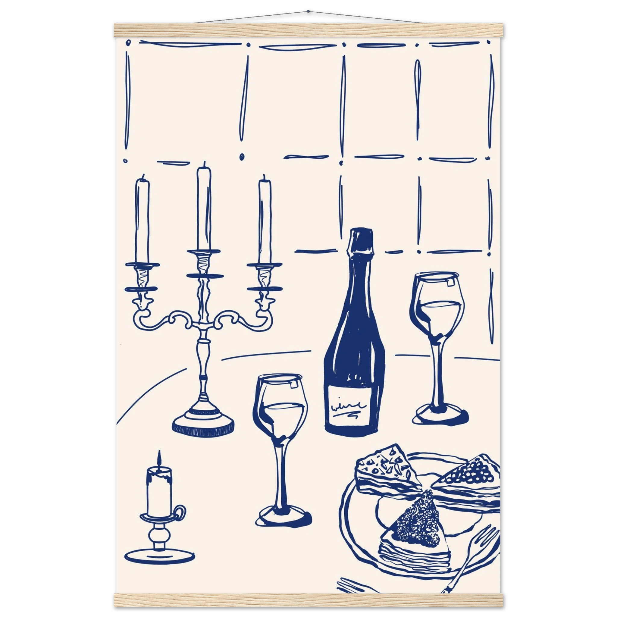 Candlelight Dinner Print | Navy Blue Wine & Candelabra Line Art | Kitchen Poster - Evergreen Posters
